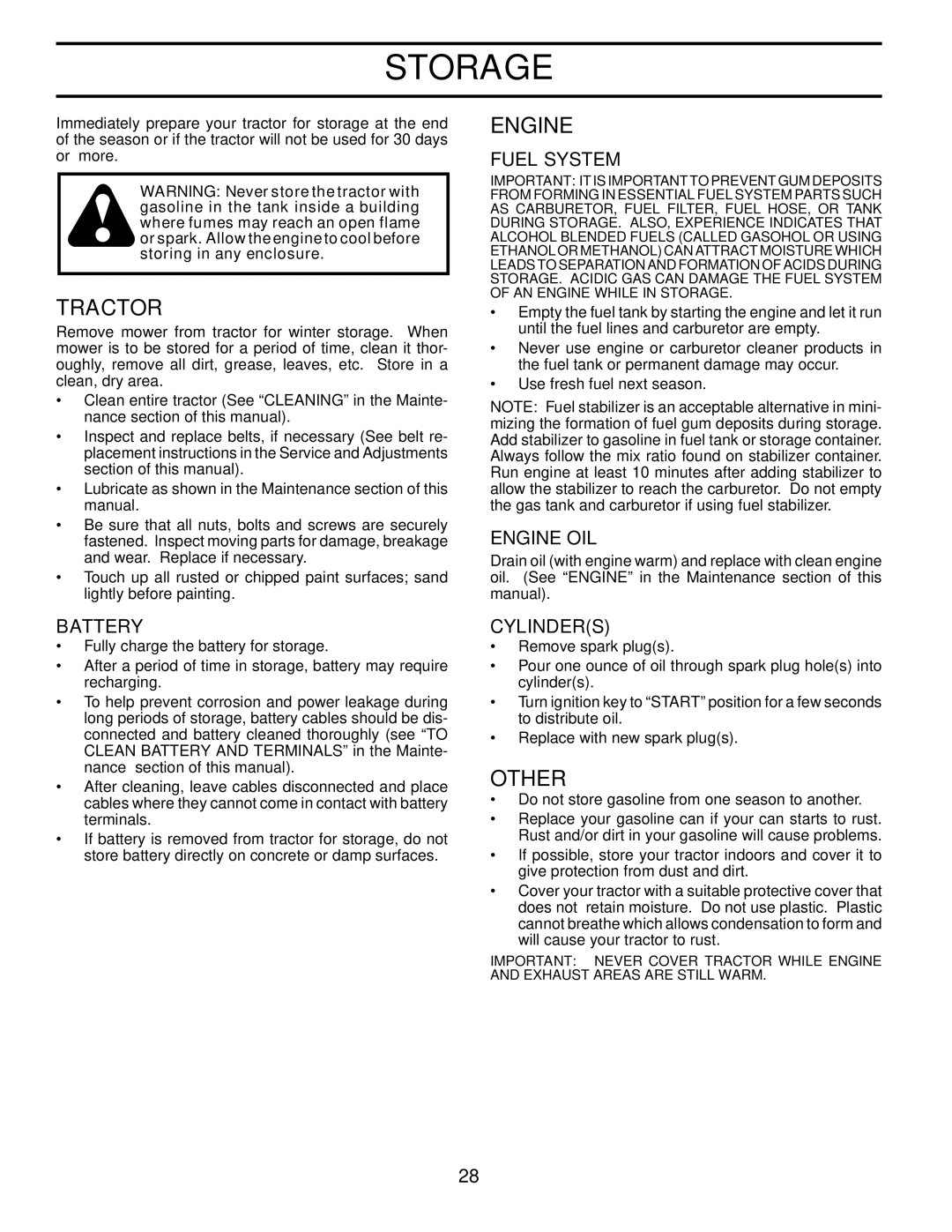 Husqvarna CTH2036 owner manual Storage, Other, Fuel System, Engine OIL, Cylinders 