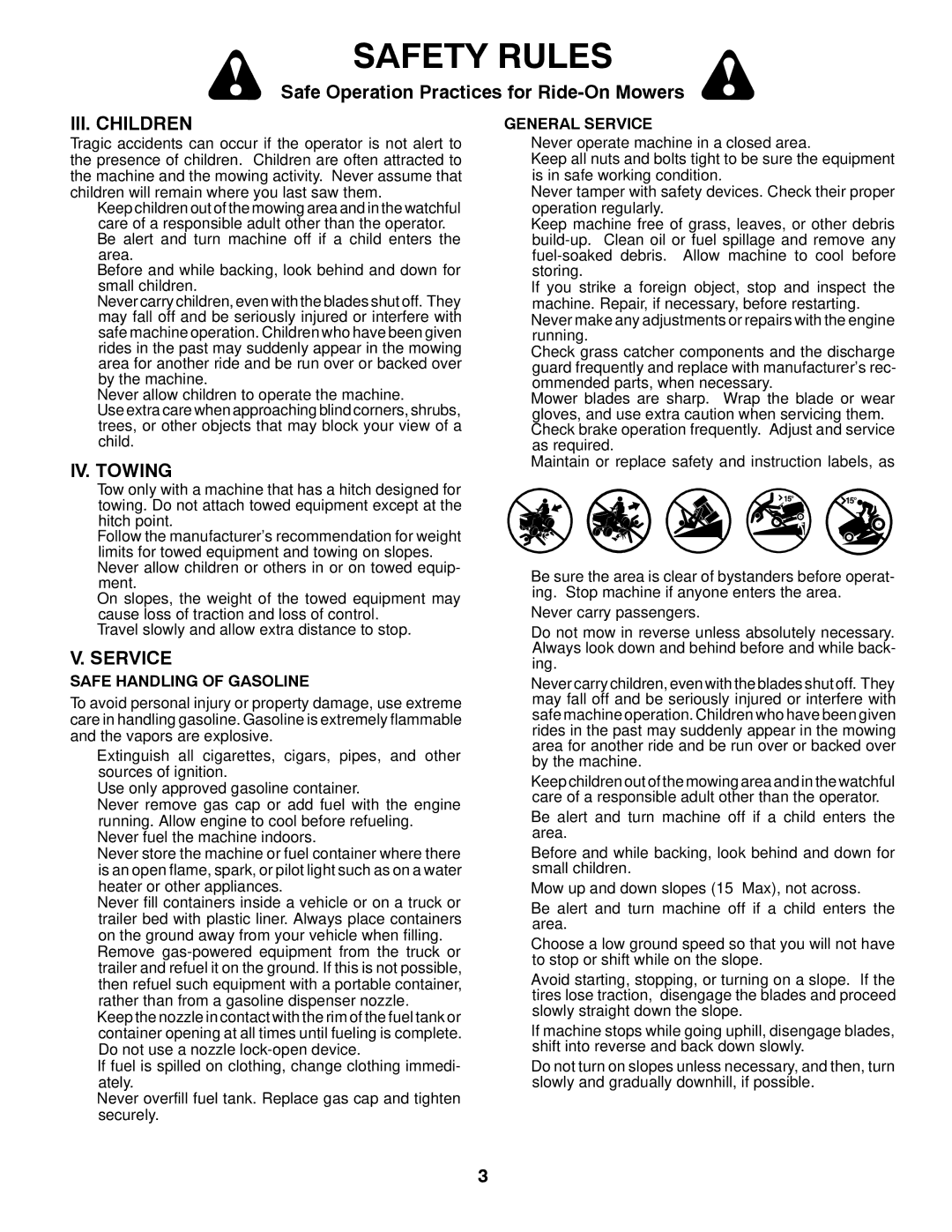 Husqvarna CTH2036 owner manual III. Children, IV. Towing, Service 