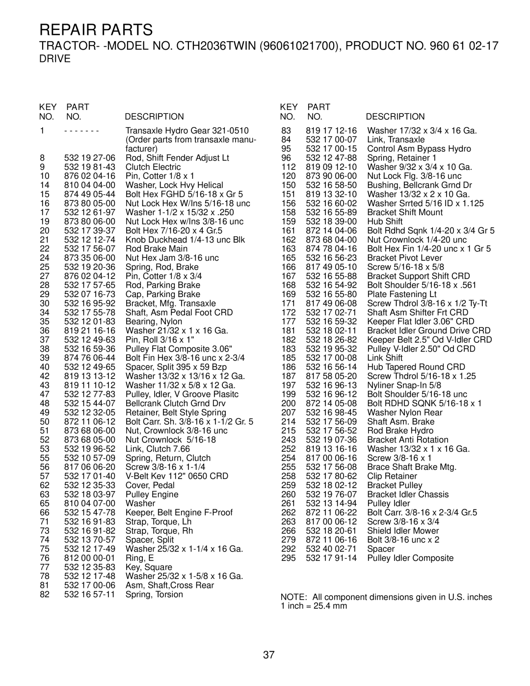 Husqvarna CTH2036 owner manual Repair Parts 