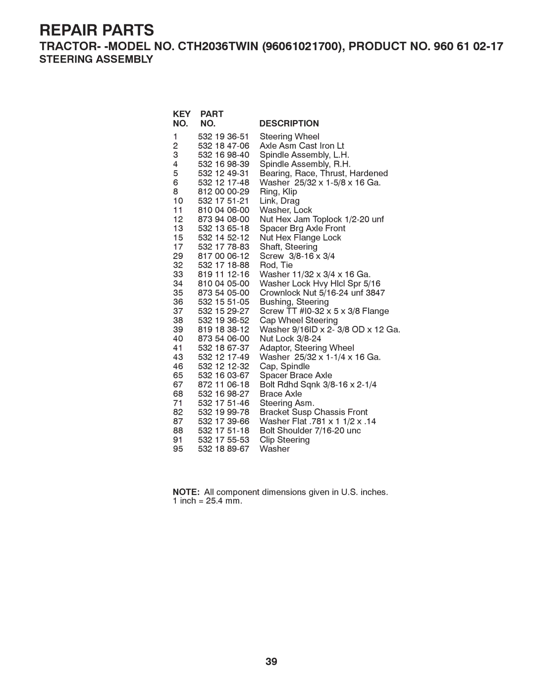 Husqvarna CTH2036 owner manual 532 19 Steering Wheel 