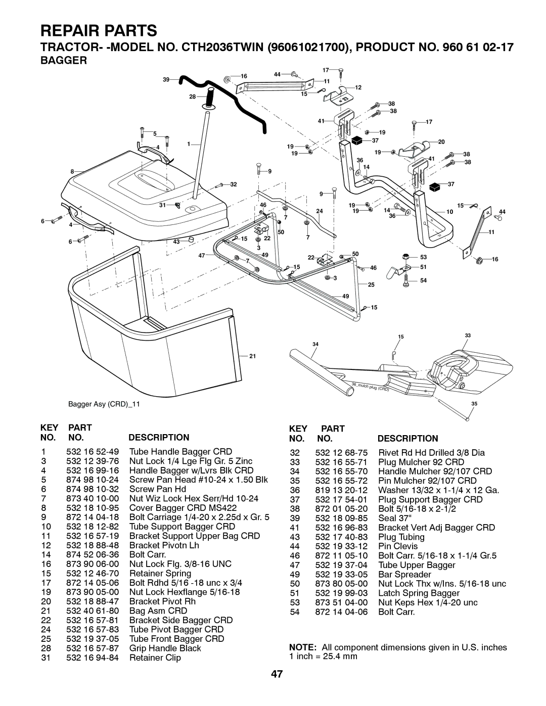 Husqvarna CTH2036 owner manual 532 16 52-49 Tube Handle Bagger CRD 