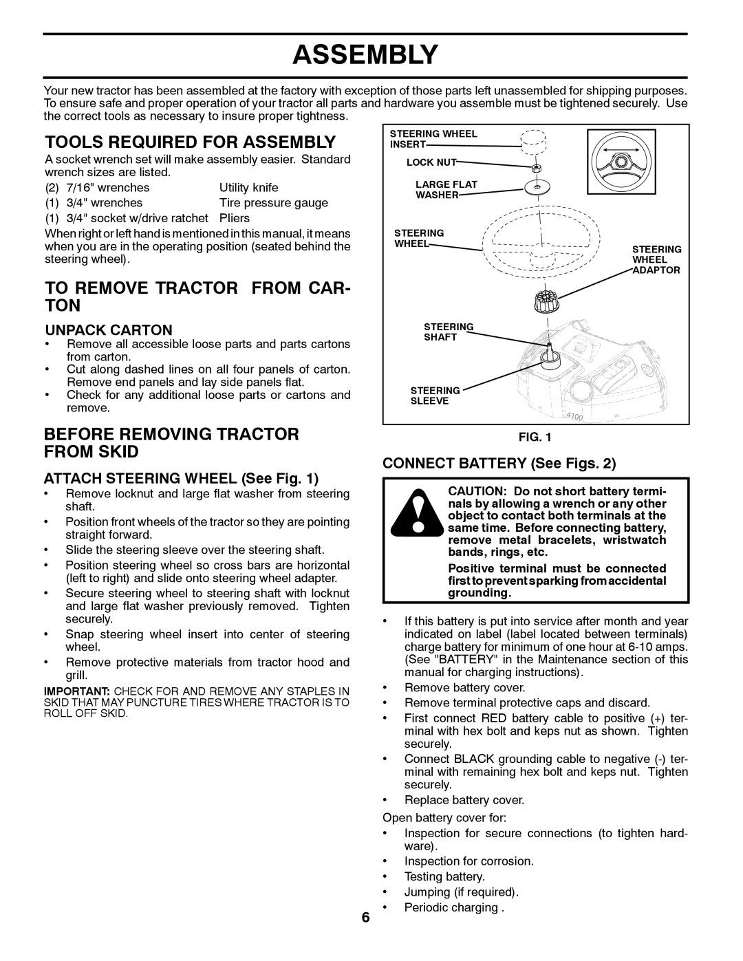 Husqvarna CTH2036 Tools Required for Assembly, To Remove Tractor from CAR- TON, Before Removing Tractor from Skid 