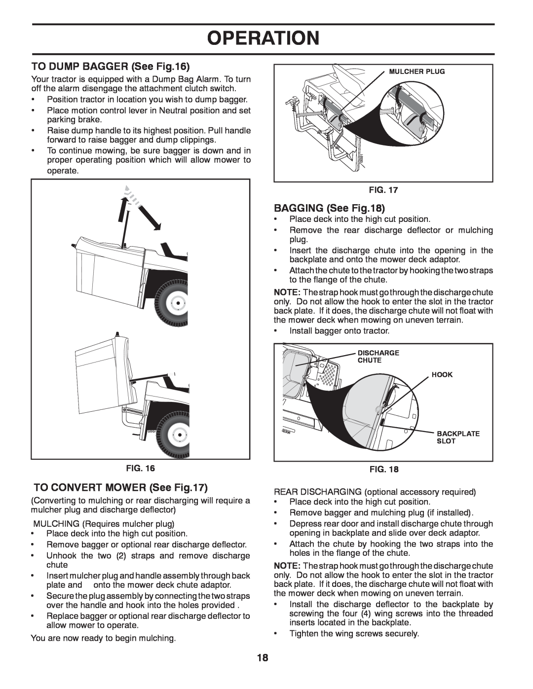 Husqvarna CTH2036 owner manual TO DUMP BAGGER See, BAGGING See, TO CONVERT MOWER See, Operation 