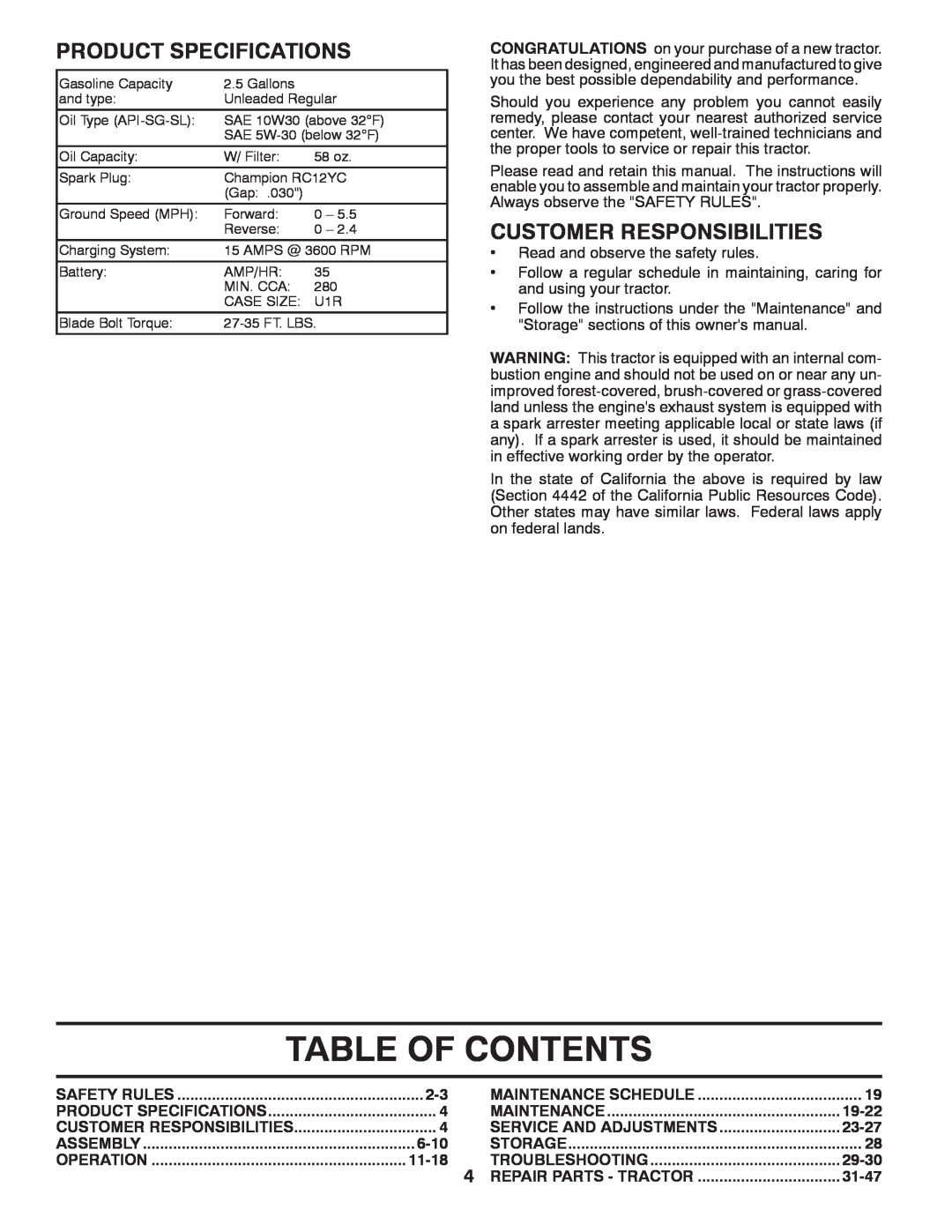 Husqvarna CTH2036 owner manual Table Of Contents, Product Specifications, Customer Responsibilities 
