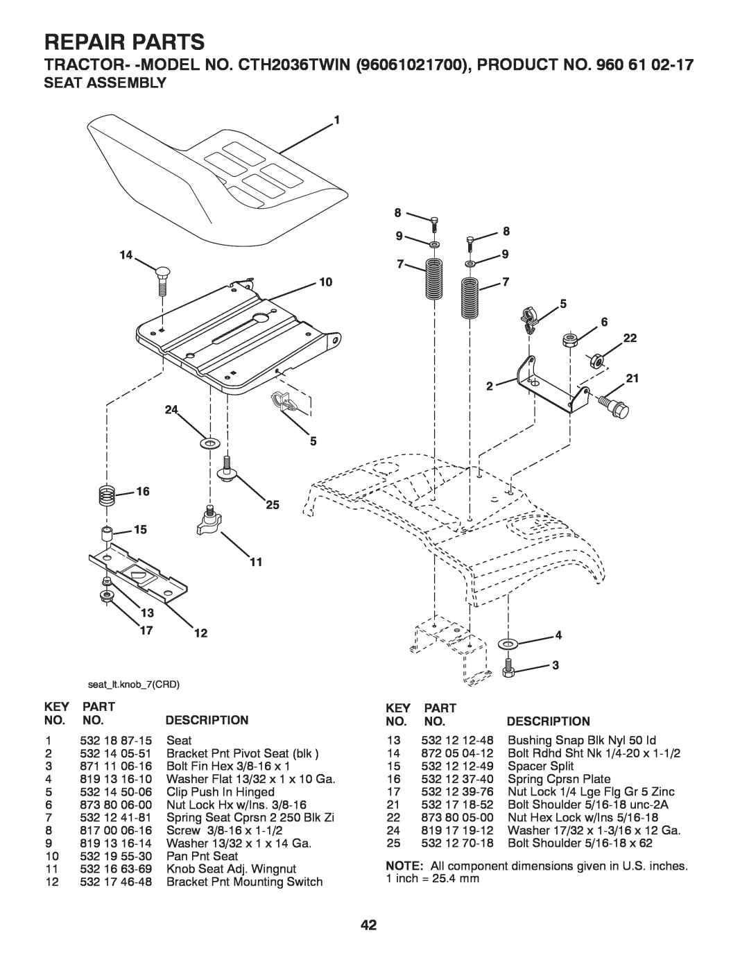 Husqvarna Seat Assembly, Repair Parts, TRACTOR- -MODEL NO. CTH2036TWIN 96061021700, PRODUCT NO. 960, seatlt.knob7CRD 