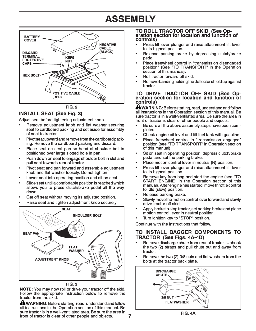 Husqvarna CTH2036 owner manual INSTALL SEAT See Fig, To Install Bagger Components To, TRACTOR See Figs. 4A-4D, Assembly 