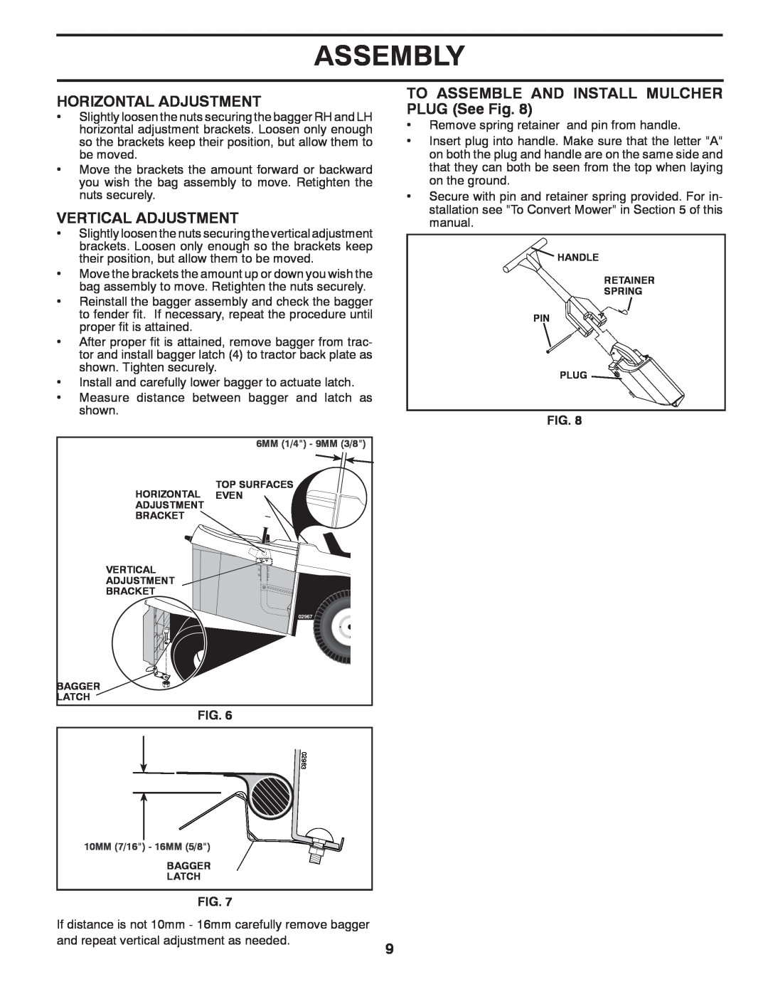 Husqvarna CTH2036 Horizontal Adjustment, Vertical Adjustment, TO ASSEMBLE AND INSTALL MULCHER PLUG See Fig, Assembly 