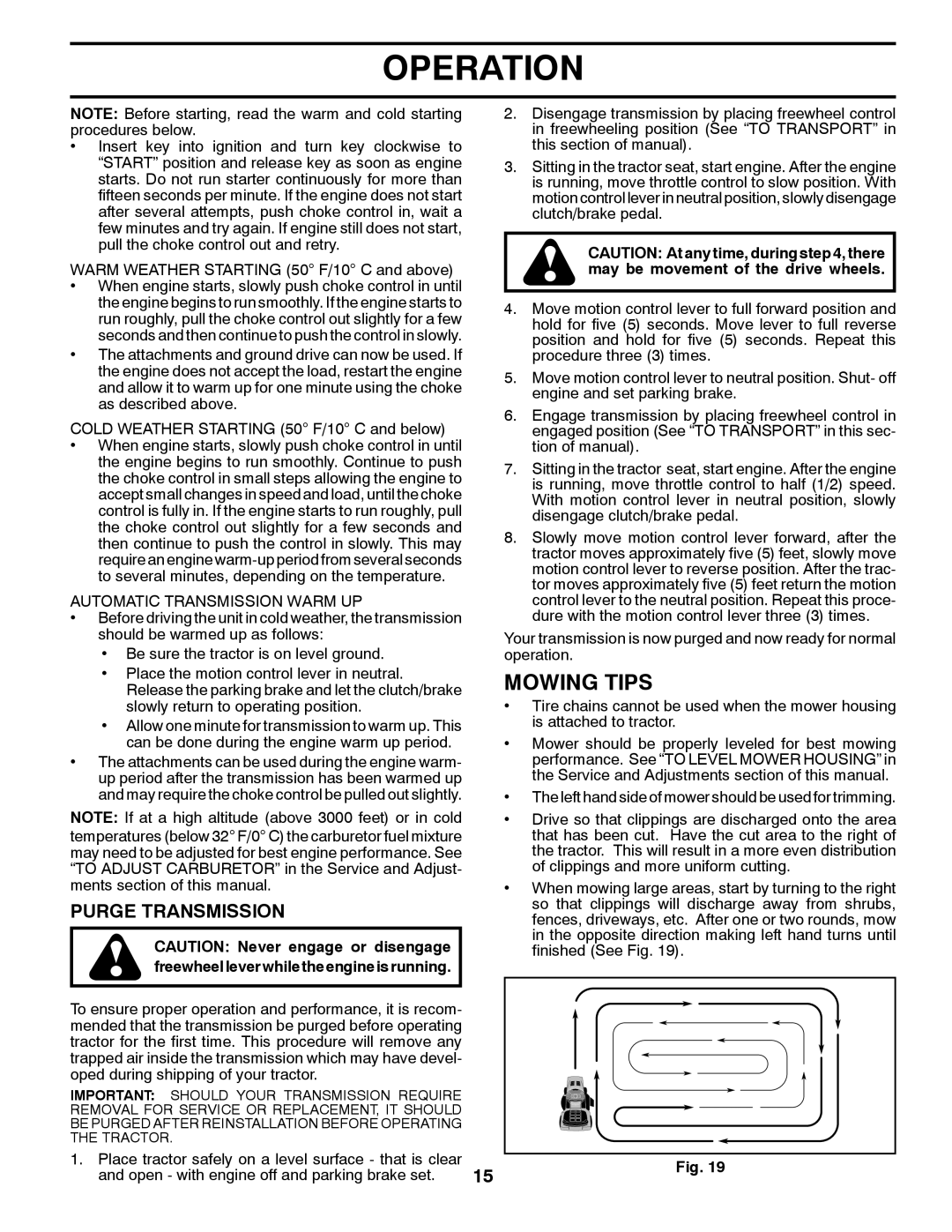 Husqvarna CTH2036T manual Mowing Tips, Purge Transmission, Automatic Transmission Warm UP 