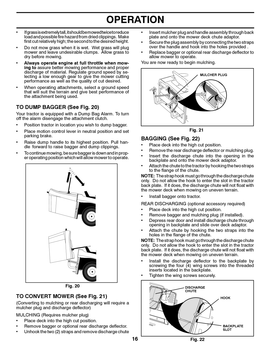 Husqvarna CTH2036T manual To Dump Bagger See Fig, To Convert Mower See Fig, Bagging See Fig 