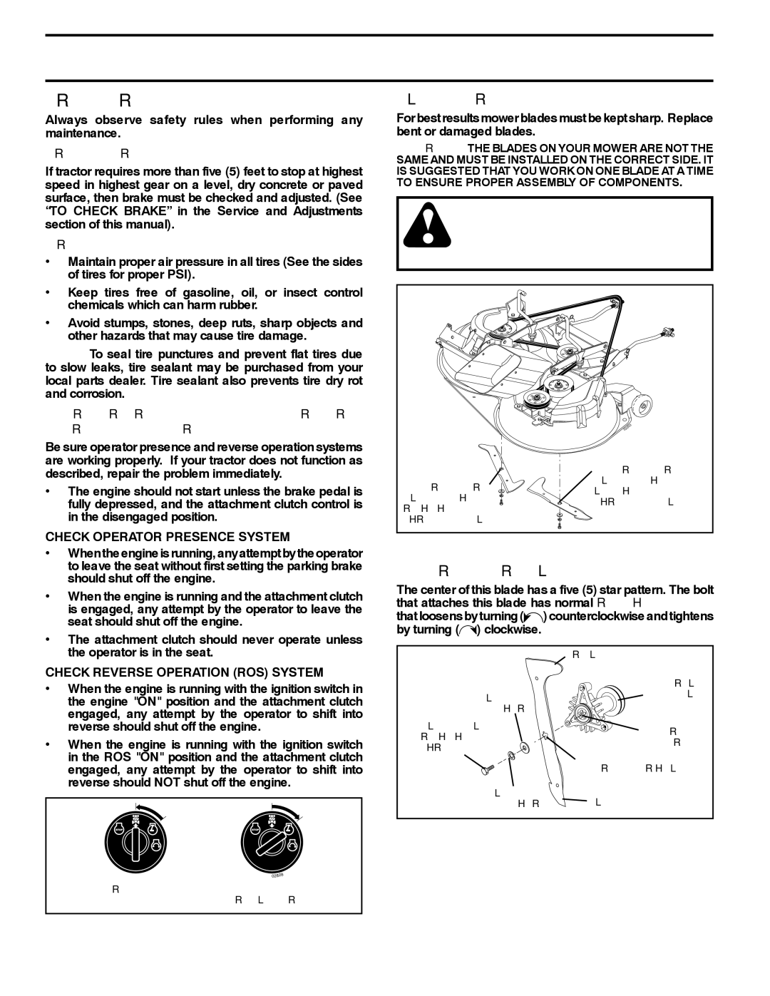 Husqvarna CTH2036T manual Tractor, Blade Care See Fig, Star Pattern Blade See Fig, Check Operator Presence System 