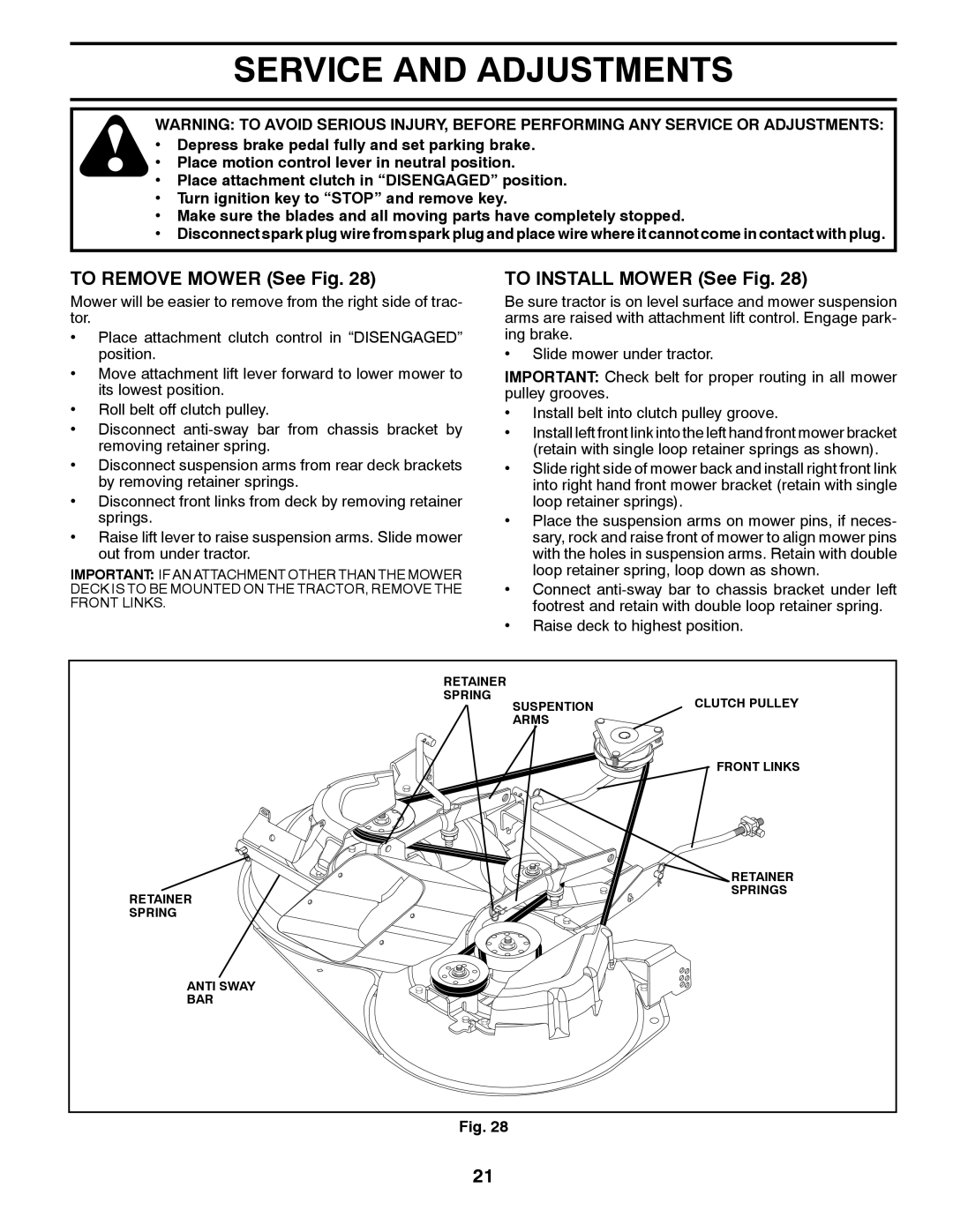 Husqvarna CTH2036T manual Service and Adjustments, To Remove Mower See Fig, To Install Mower See Fig 