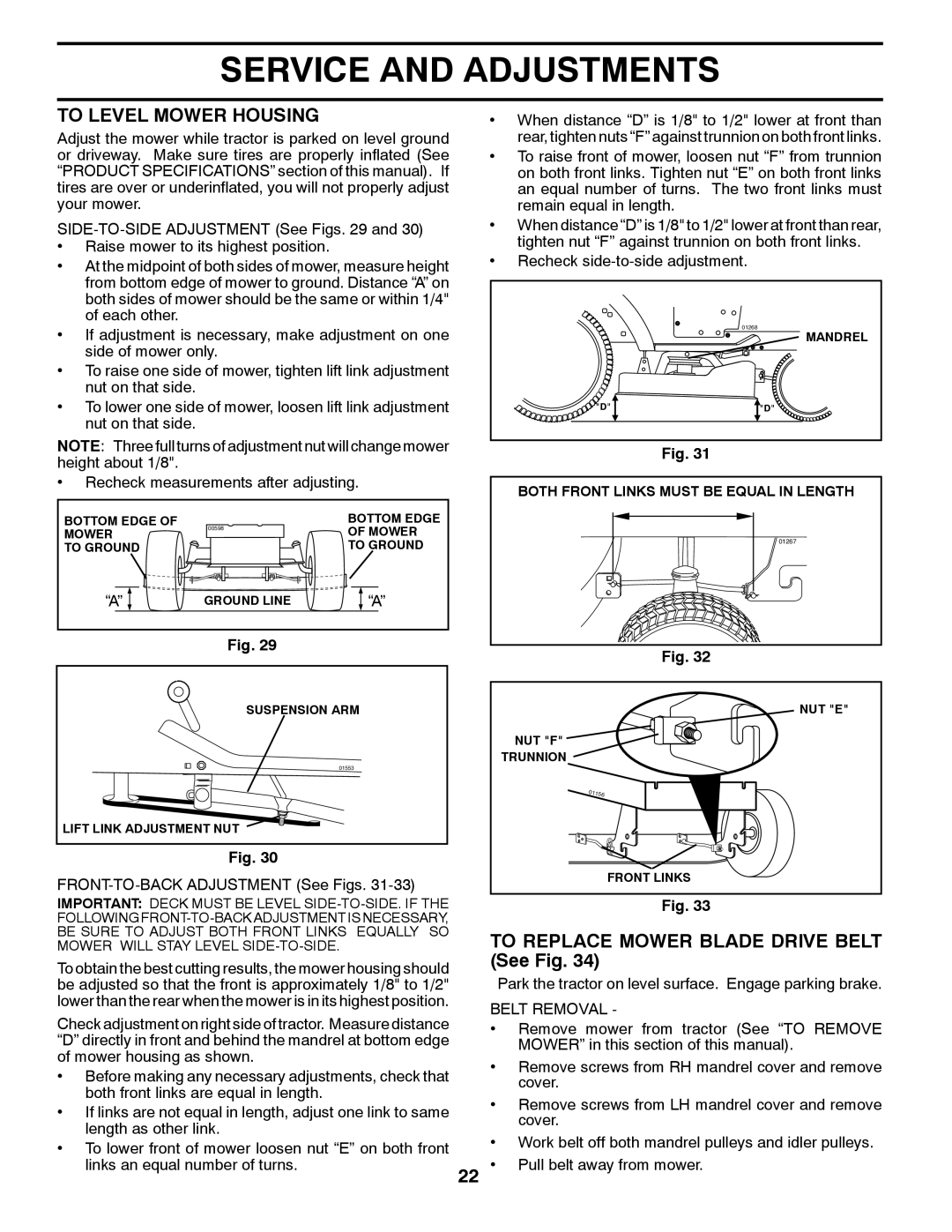 Husqvarna CTH2036T manual To Level Mower Housing, To Replace Mower Blade Drive Belt, See Fig, Belt Removal 