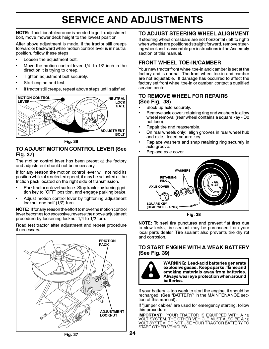 Husqvarna CTH2036T To Adjust Motion Control Lever See Fig, To Adjust Steering Wheel Alignment, Front Wheel TOE-IN/CAMBER 