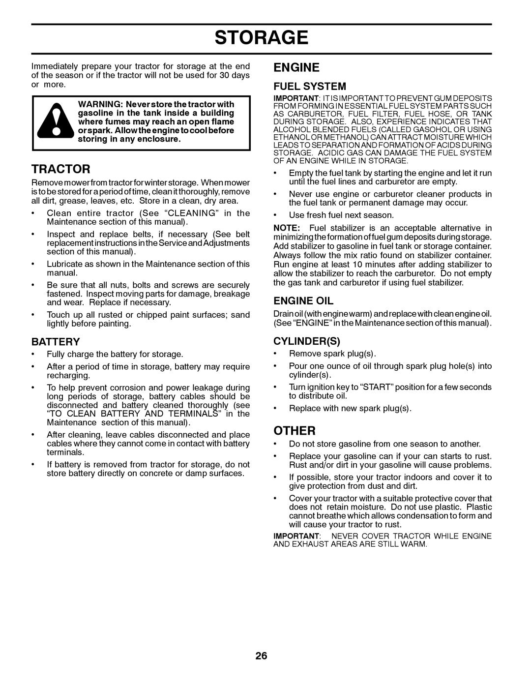 Husqvarna CTH2036T manual Storage, Other, Fuel System, Engine OIL, Cylinders 