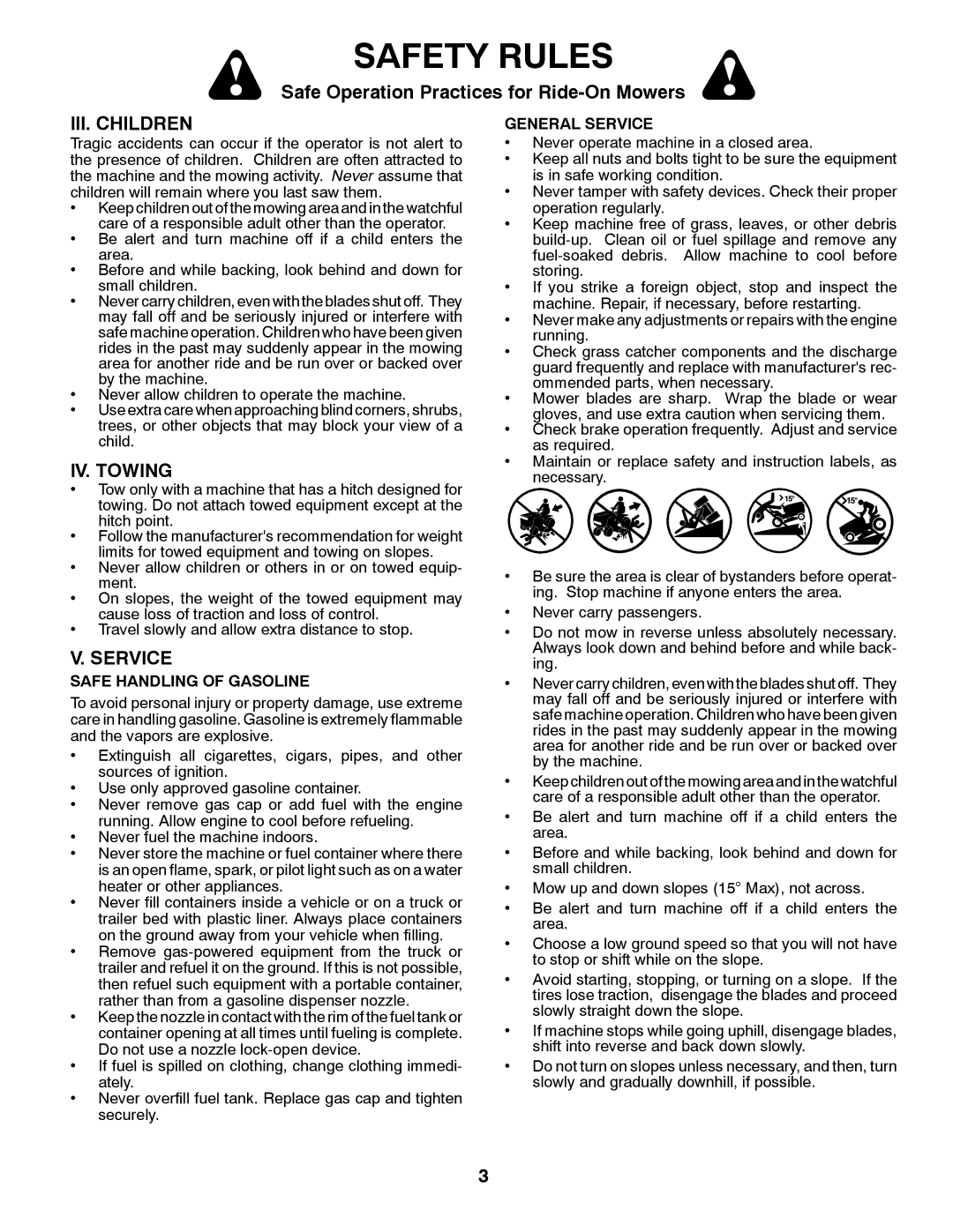 Husqvarna CTH2036T manual III. Children, IV. Towing, Service 