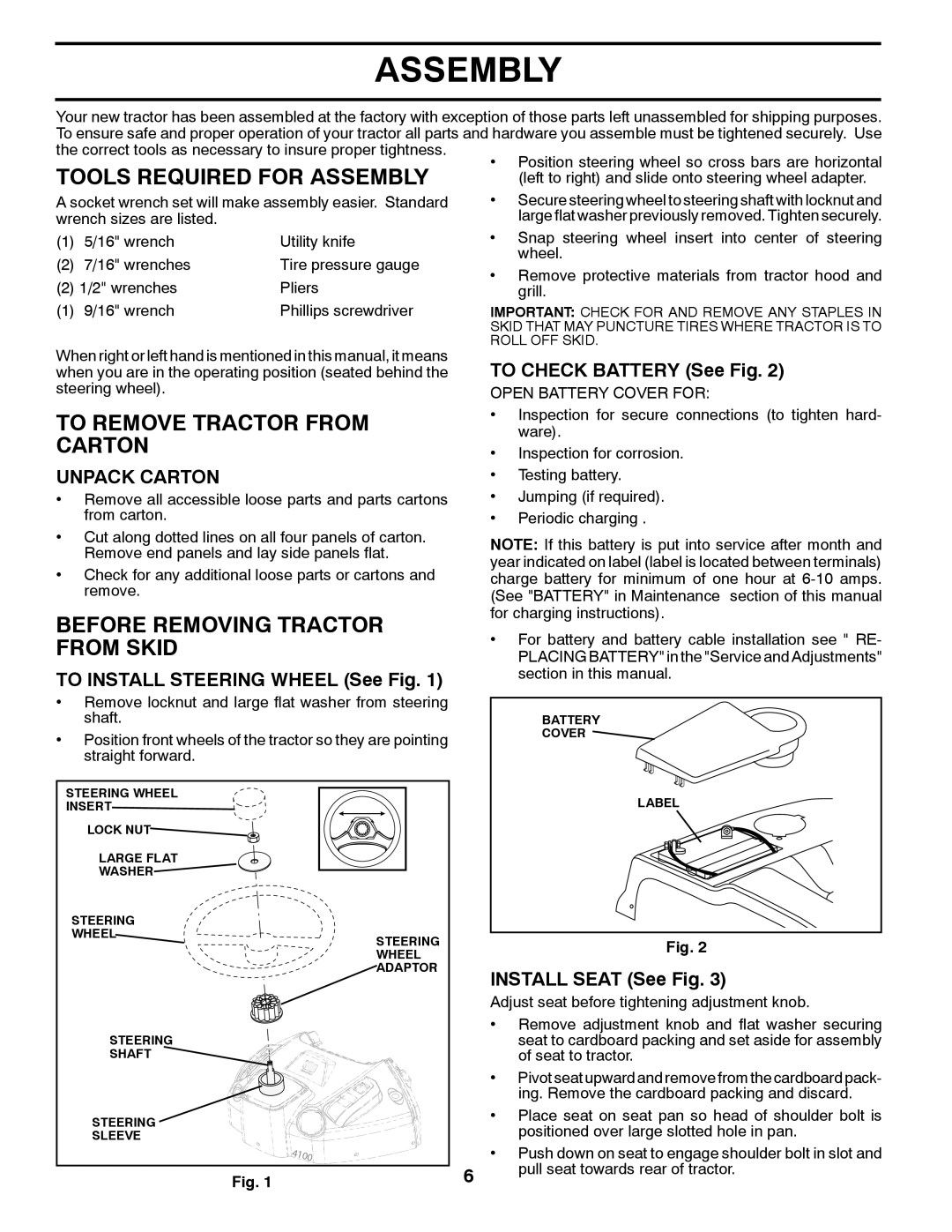 Husqvarna CTH2036T manual Tools Required for Assembly, To Remove Tractor from Carton, Before Removing Tractor from Skid 