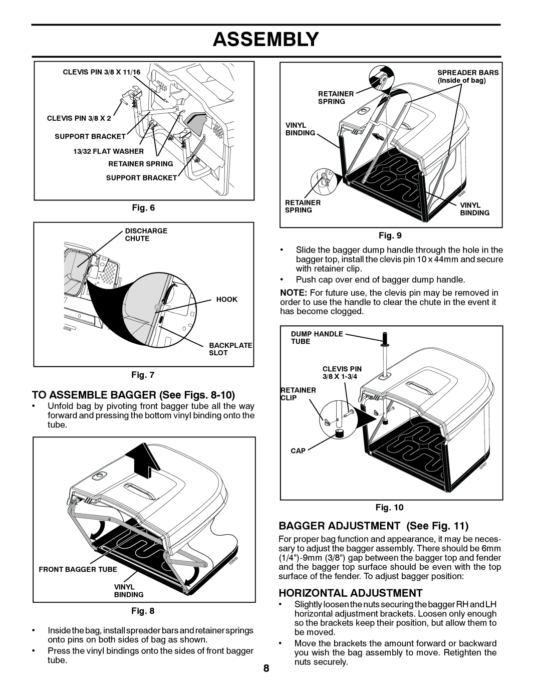 Husqvarna CTH2036T manual To Assemble Bagger See Figs, Bagger Adjustment See Fig, Horizontal Adjustment 