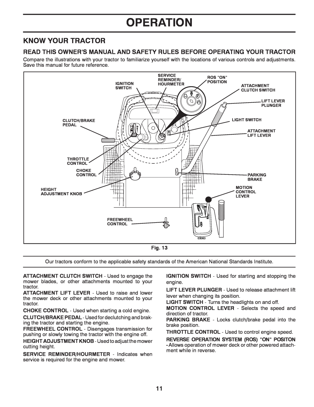 Husqvarna CTH2036T manual Know Your Tractor, Operation 