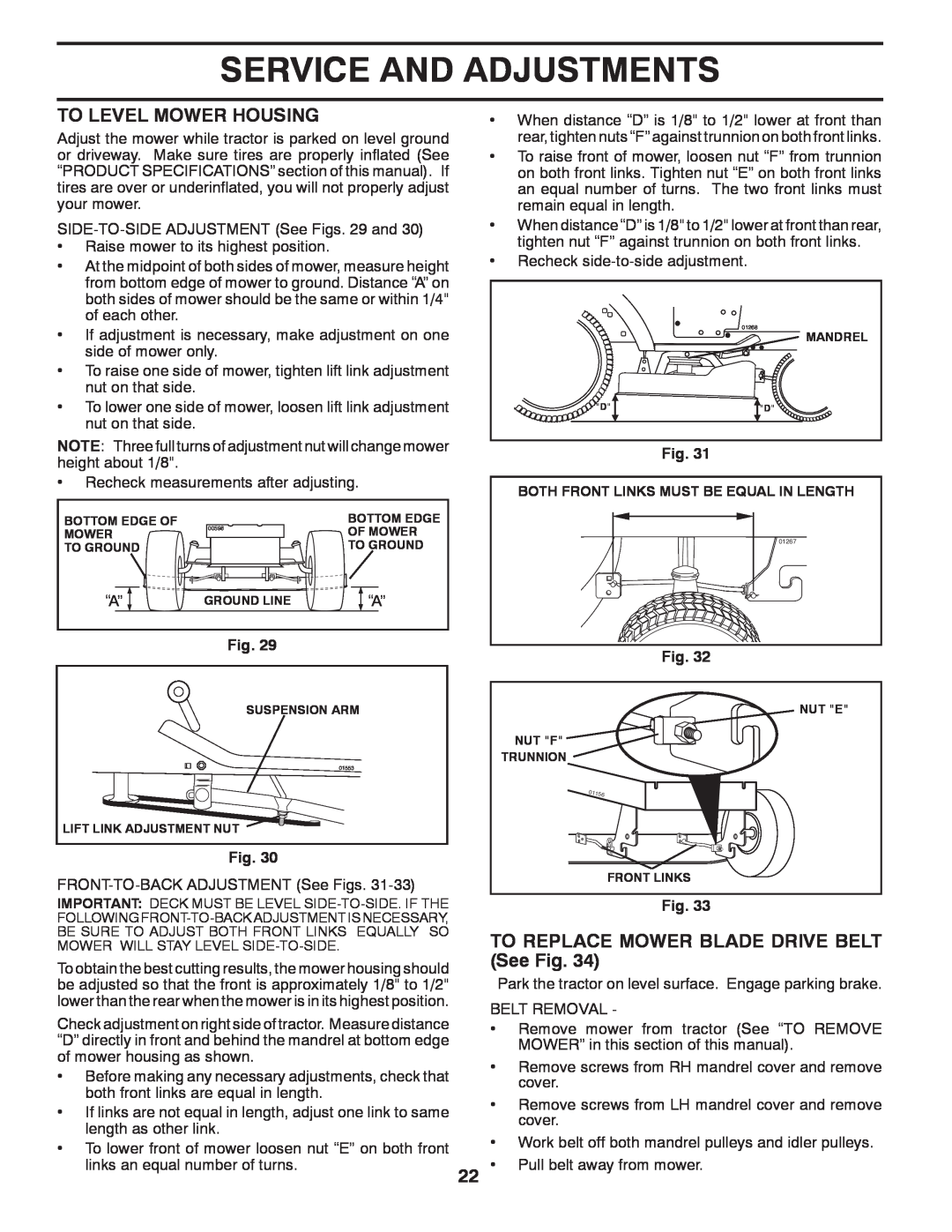 Husqvarna CTH2036T manual To Level Mower Housing, To Replace Mower Blade Drive Belt, See Fig, Service And Adjustments 