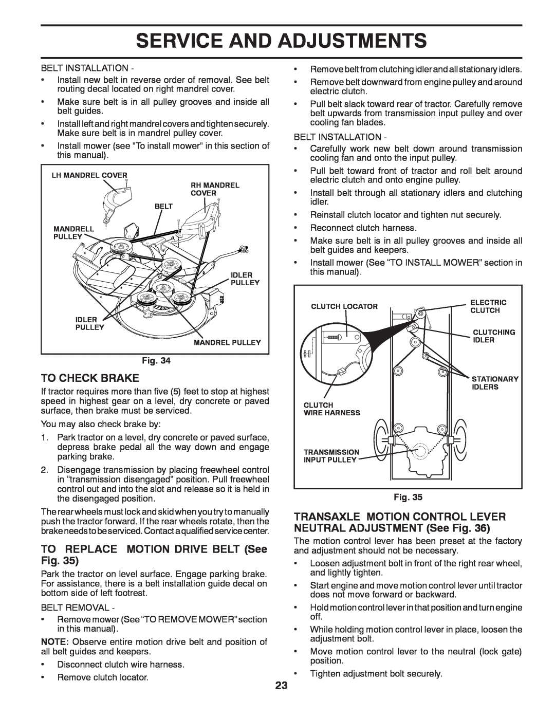 Husqvarna CTH2036T manual To Check Brake, TO REPLACE MOTION DRIVE BELT See Fig, Service And Adjustments 