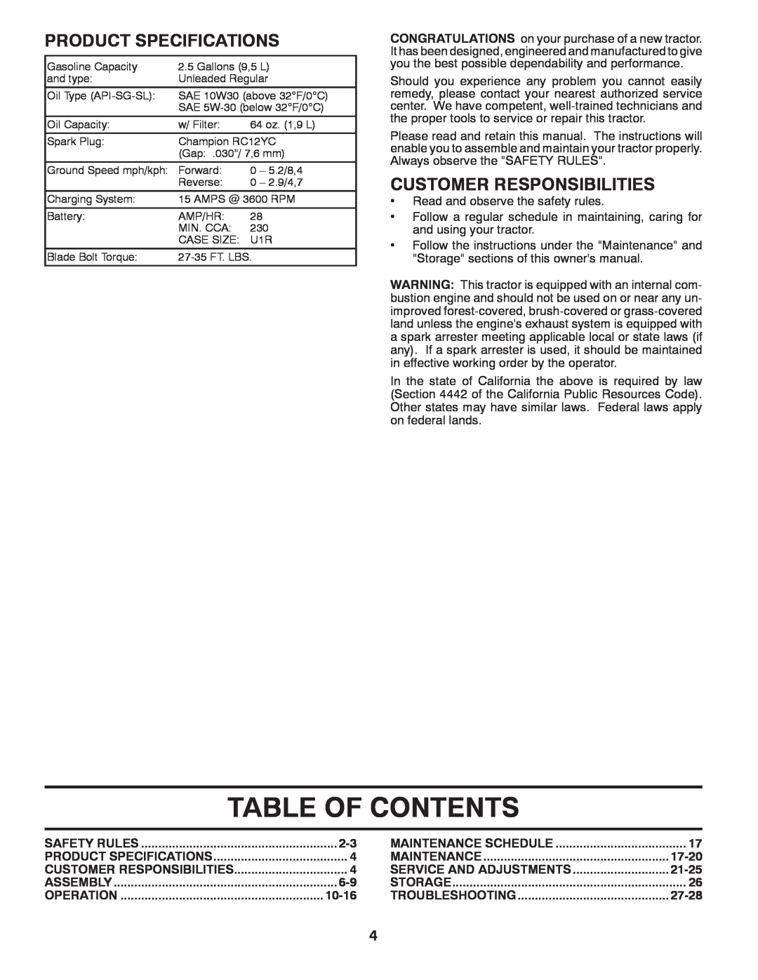 Husqvarna CTH2036T manual Table Of Contents, Product Specifications, Customer Responsibilities 