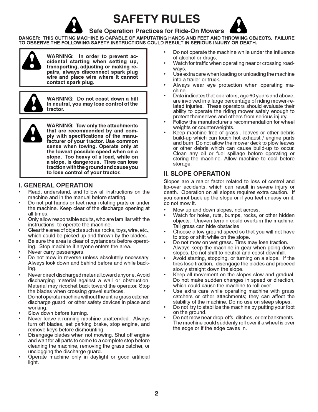 Husqvarna CTH2542 TWIN Safety Rules, Safe Operation Practices for Ride-On Mowers, General Operation, II. Slope Operation 