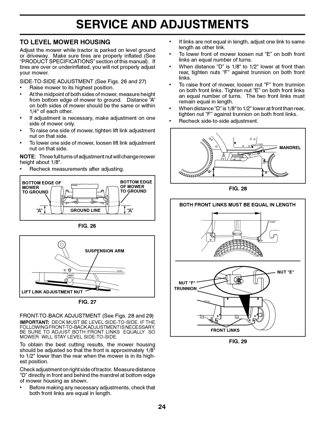 Husqvarna CTH2542 TWIN owner manual To Level Mower Housing, FRONT-TO-BACK Adjustment See Figs 