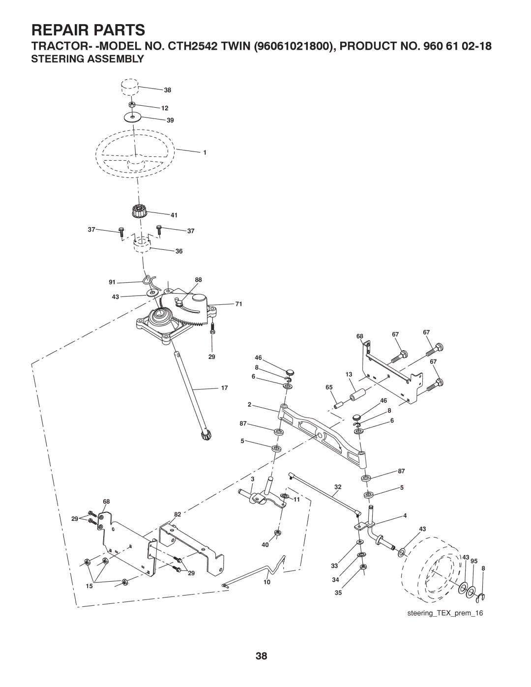 Husqvarna CTH2542 TWIN owner manual Steering Assembly 