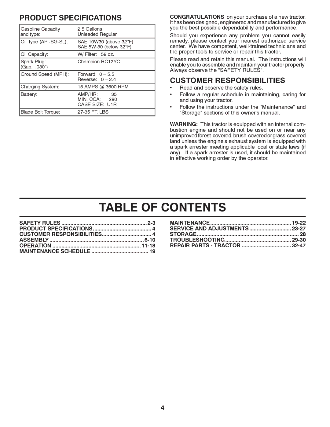 Husqvarna CTH2542 TWIN owner manual Table of Contents 