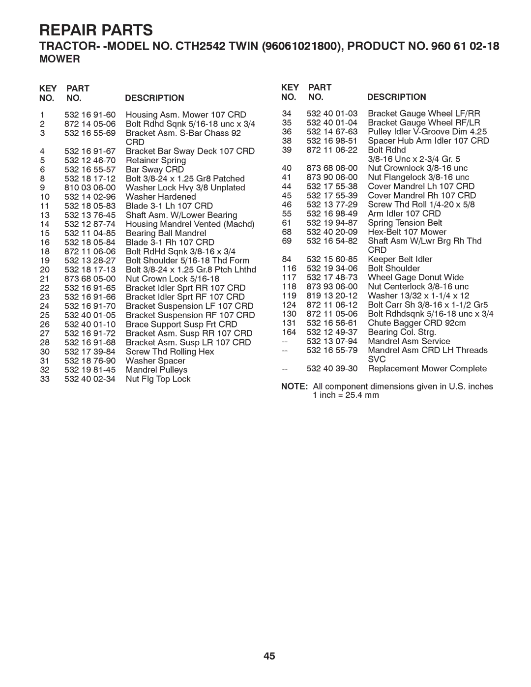 Husqvarna CTH2542 TWIN owner manual Crd, Svc 