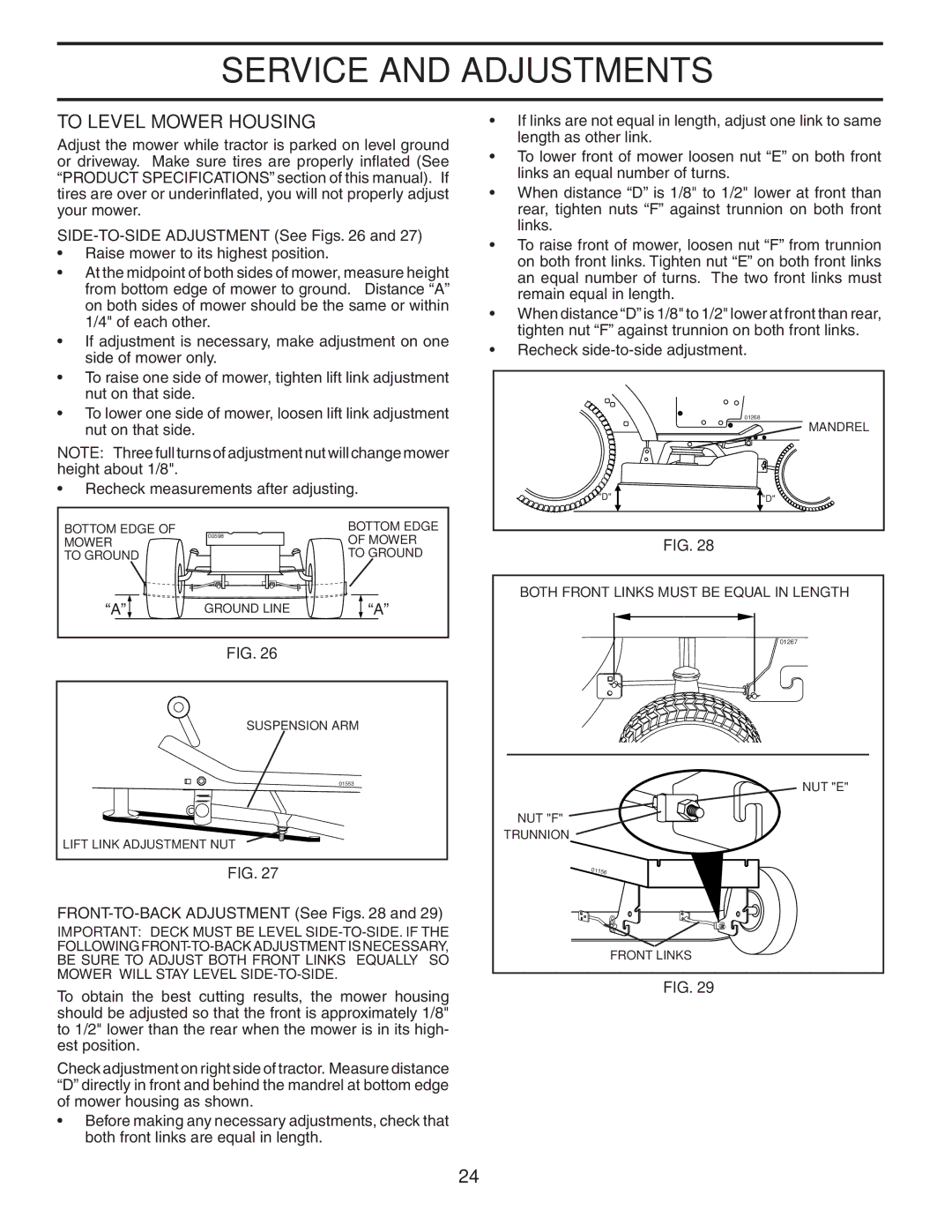 Husqvarna CTH2542 XP owner manual To Level Mower Housing, FRONT-TO-BACK Adjustment See Figs 