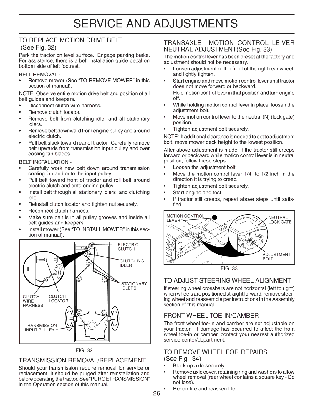 Husqvarna CTH2542 XP Transmission REMOVAL/REPLACEMENT, To Adjust Steering Wheel Alignment, Front Wheel TOE-IN/CAMBER 