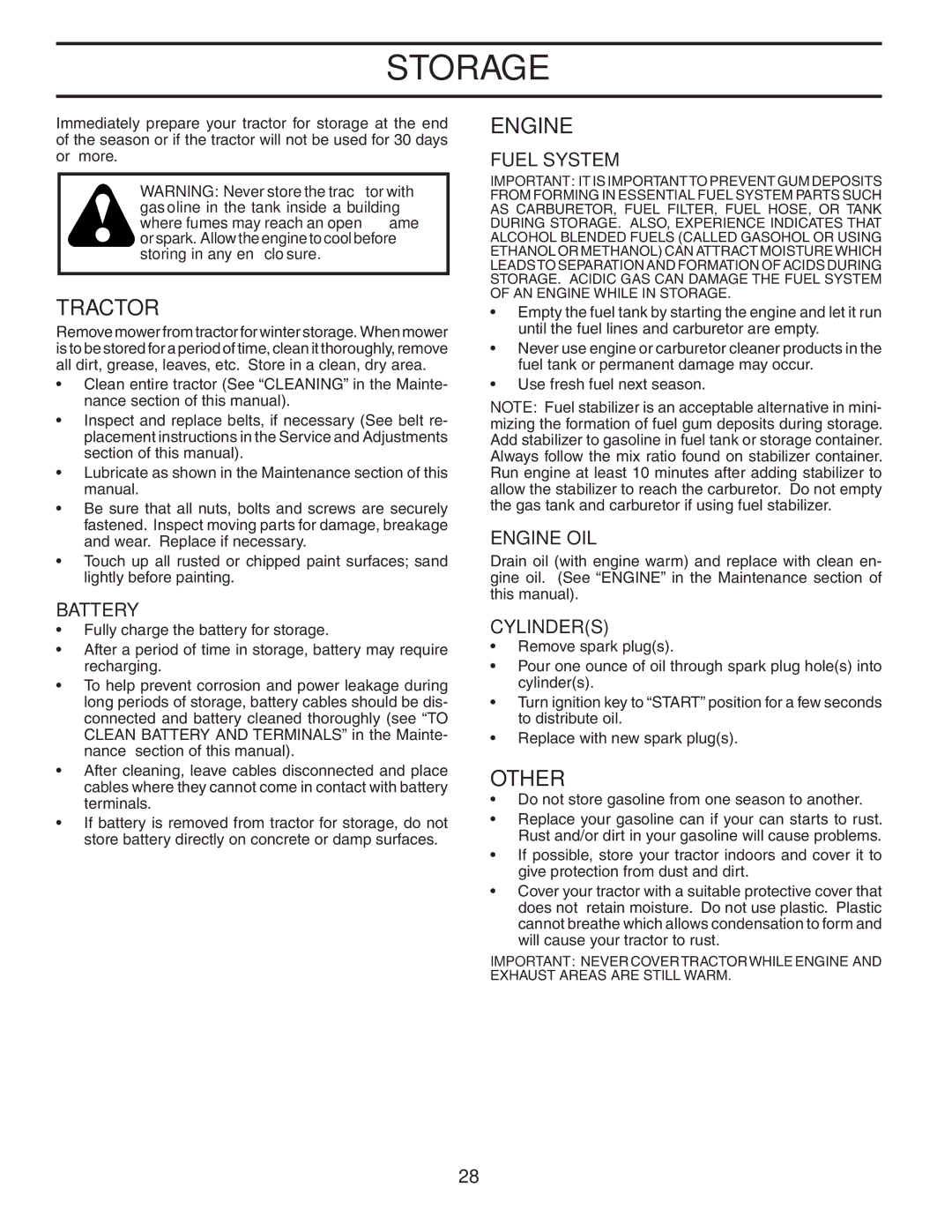 Husqvarna CTH2542 XP owner manual Storage, Other, Fuel System, Engine OIL, Cylinders 