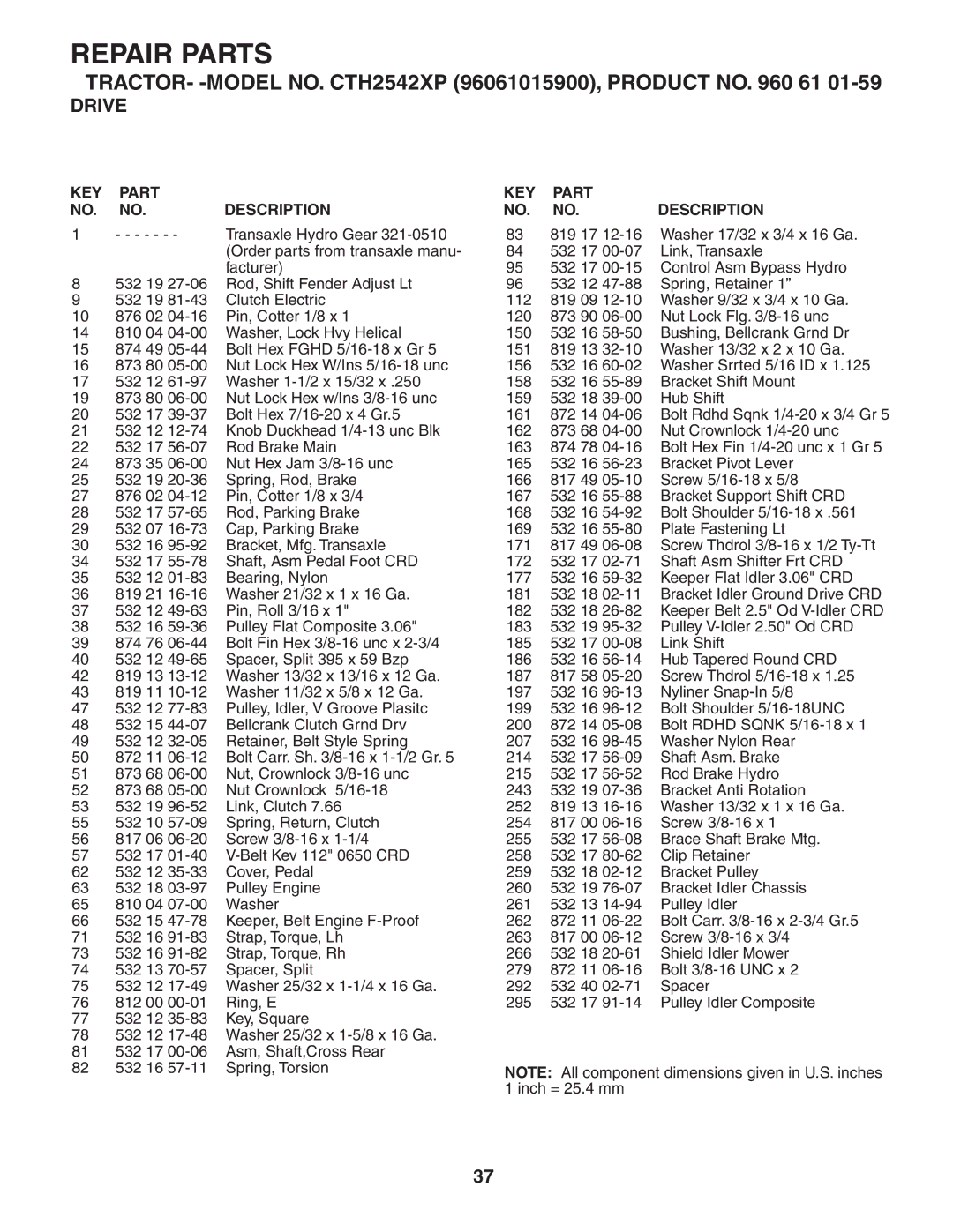 Husqvarna CTH2542 XP owner manual Repair Parts 