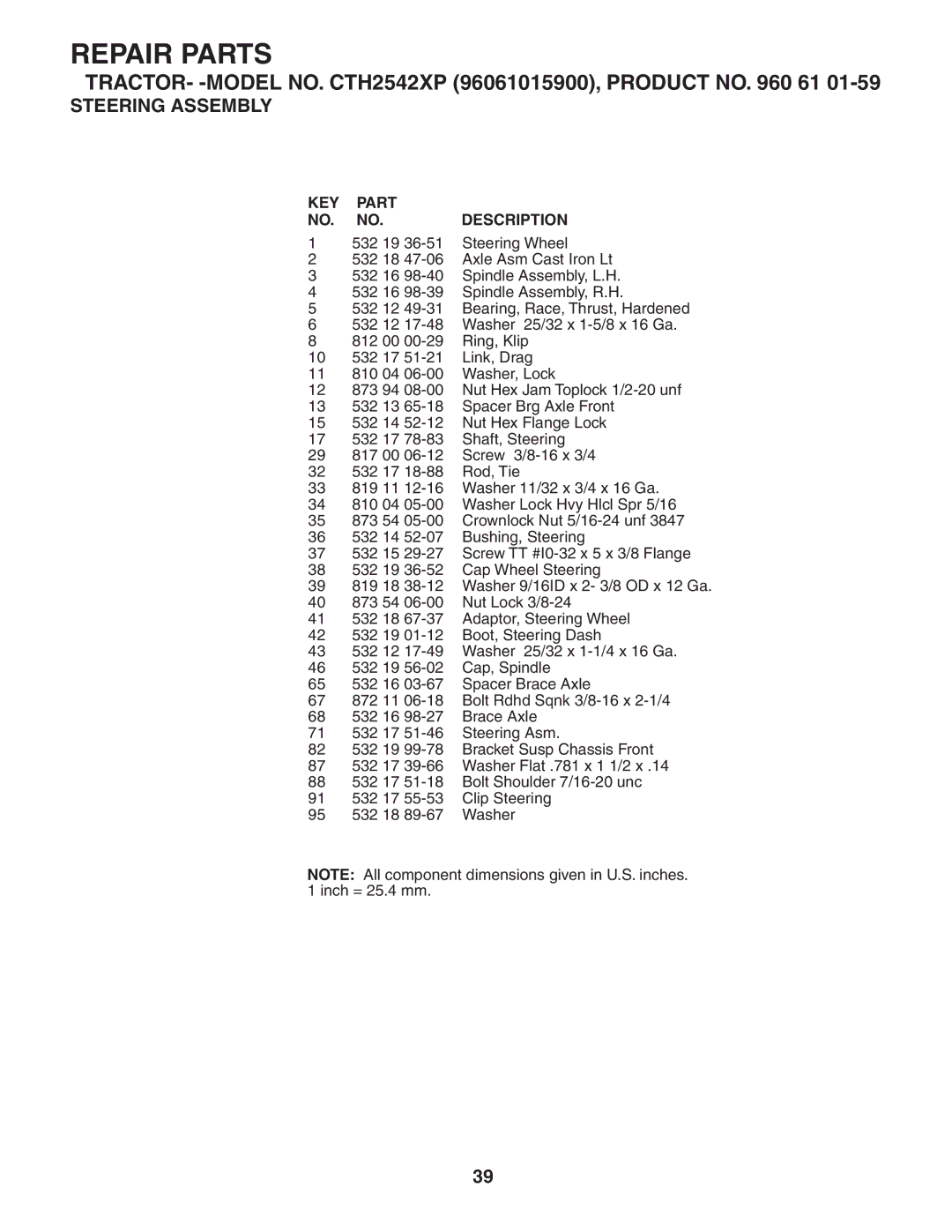 Husqvarna CTH2542 XP owner manual 532 19 Steering Wheel 