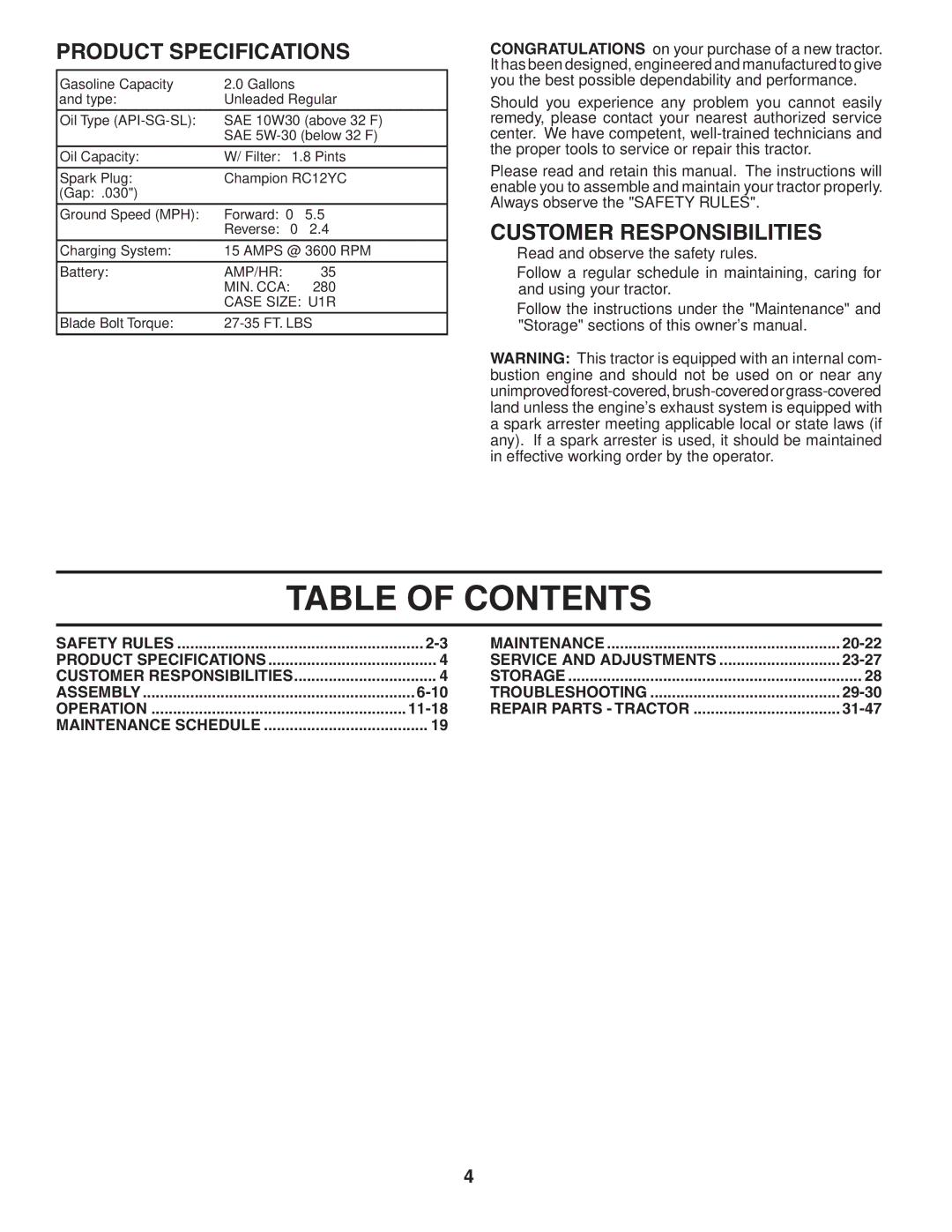 Husqvarna CTH2542 XP owner manual Table of Contents 