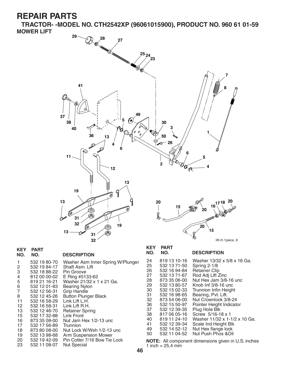 Husqvarna CTH2542 XP owner manual Mower Lift 