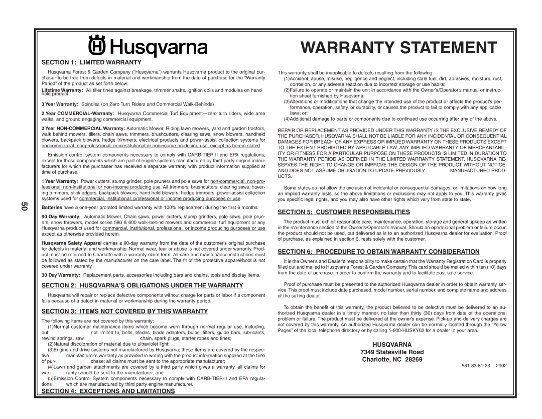 Husqvarna CTH2542 XP owner manual Warranty Statement 