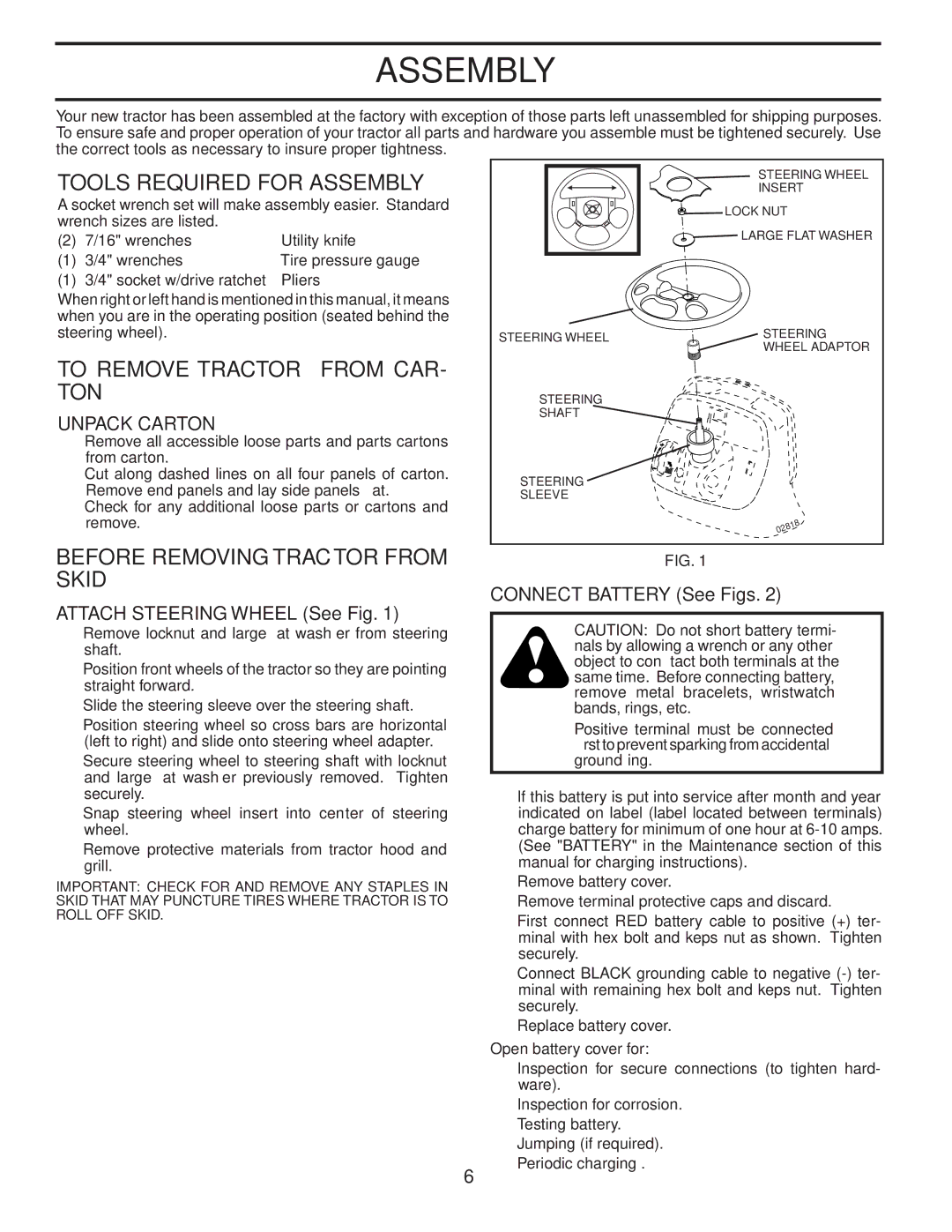 Husqvarna CTH2542 XP Tools Required for Assembly, To Remove Tractor from CAR- TON, Before Removing Tractor from Skid 