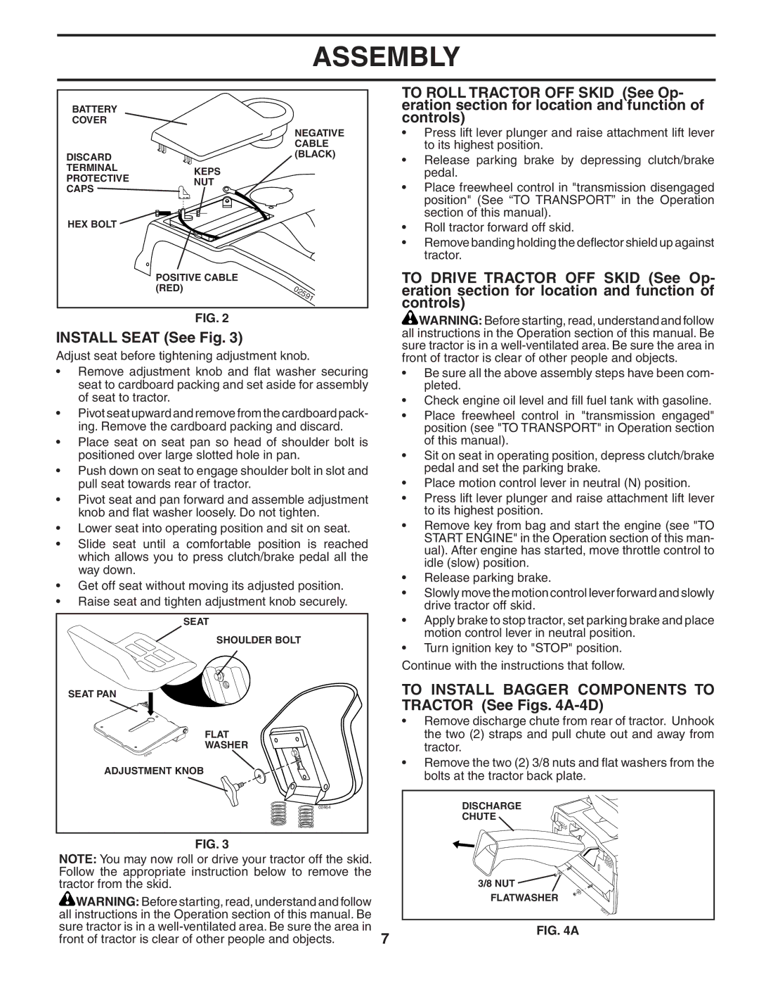 Husqvarna CTH2542 XP owner manual Install Seat See Fig, To Install Bagger Components to, Tractor See Figs A-4D 