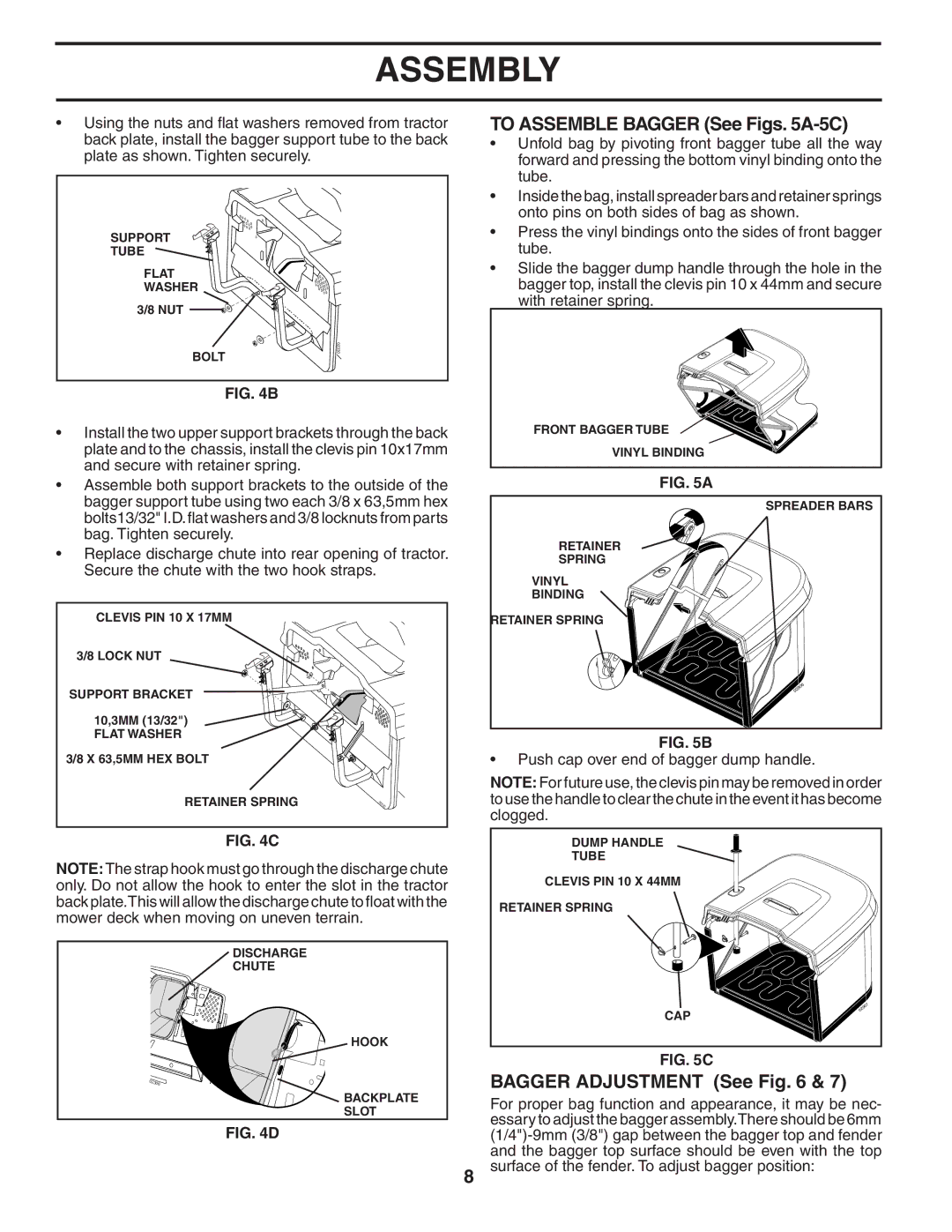 Husqvarna CTH2542 XP owner manual To Assemble Bagger See Figs A-5C, Bagger Adjustment See 