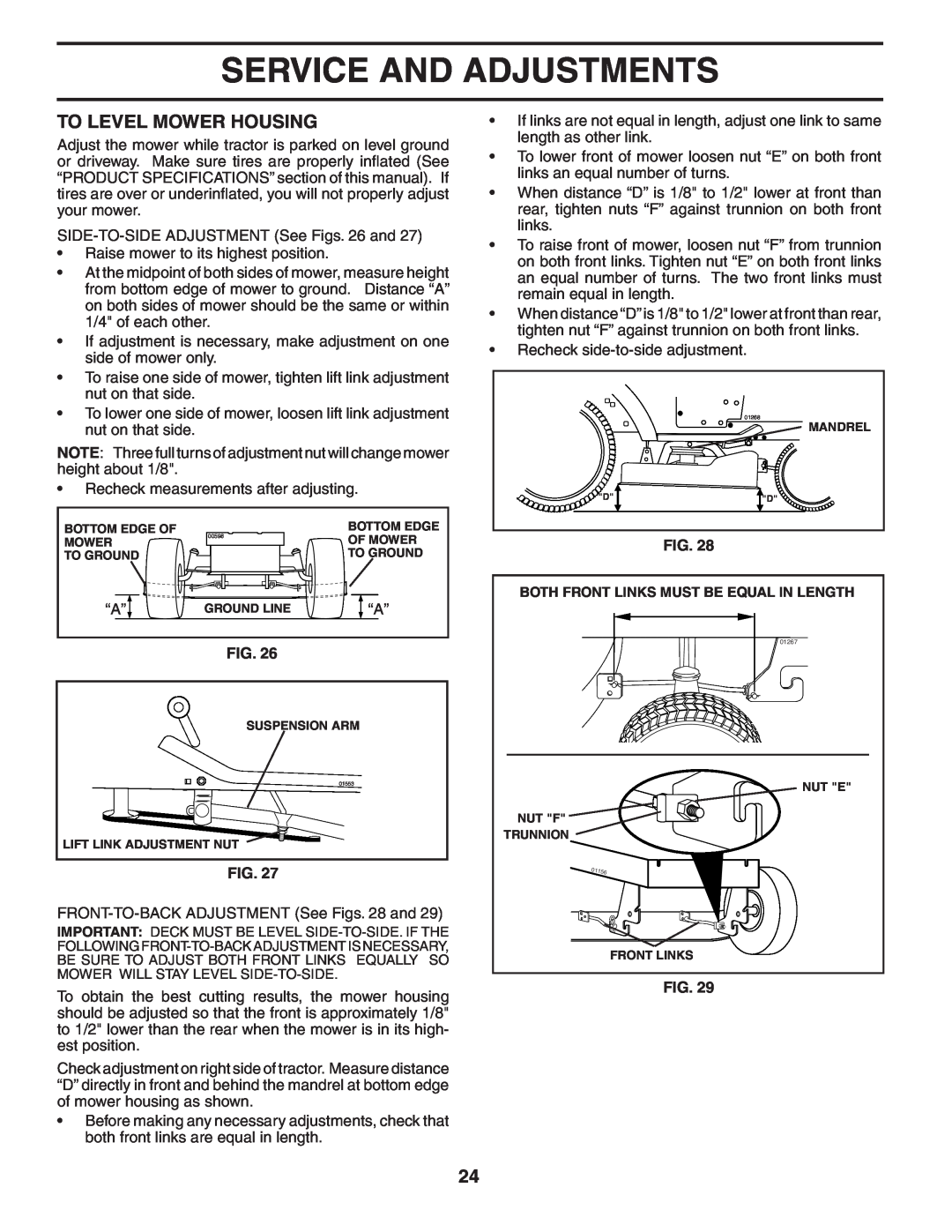 Husqvarna CTH2542 XP owner manual To Level Mower Housing, Service And Adjustments 