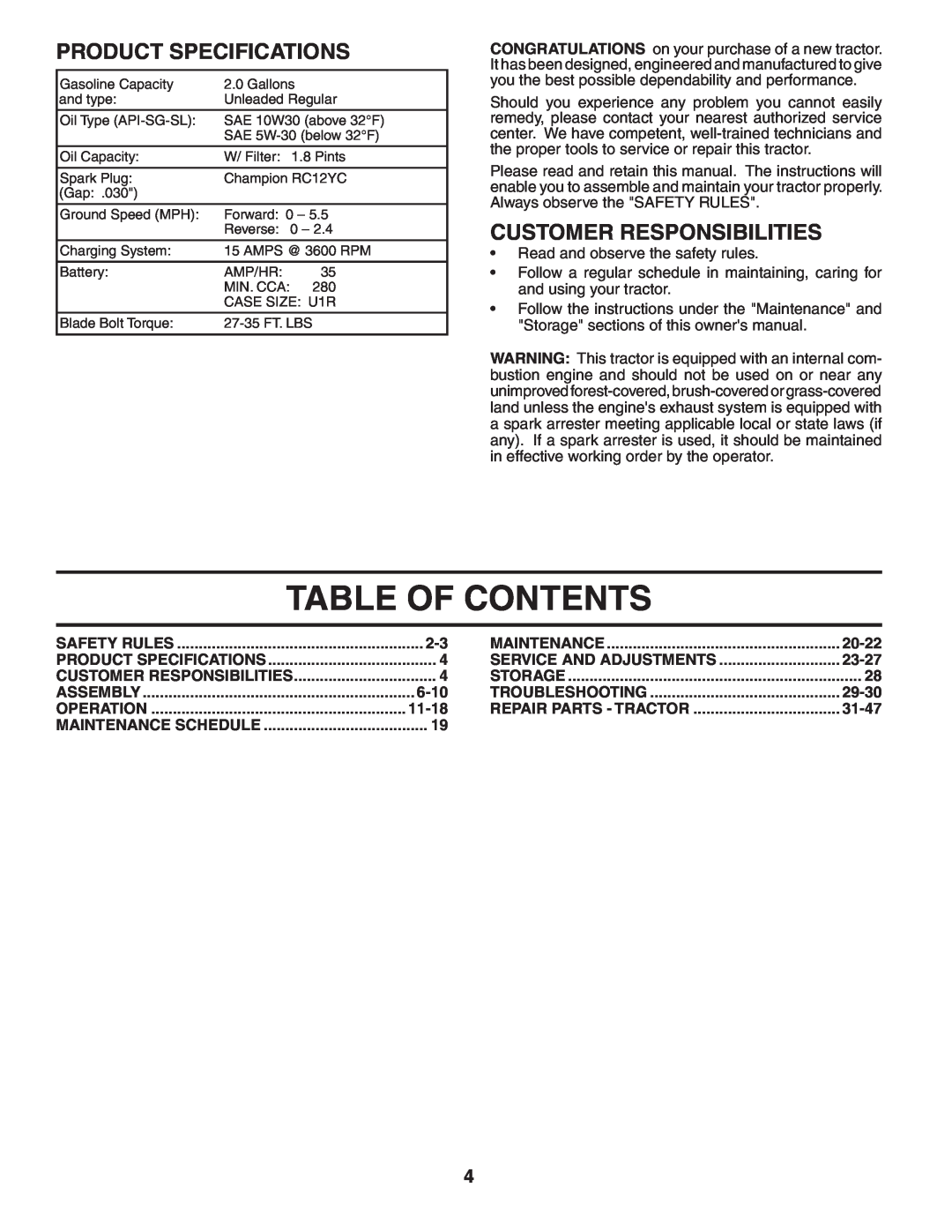 Husqvarna CTH2542 XP owner manual Table Of Contents, Product Specifications, Customer Responsibilities 