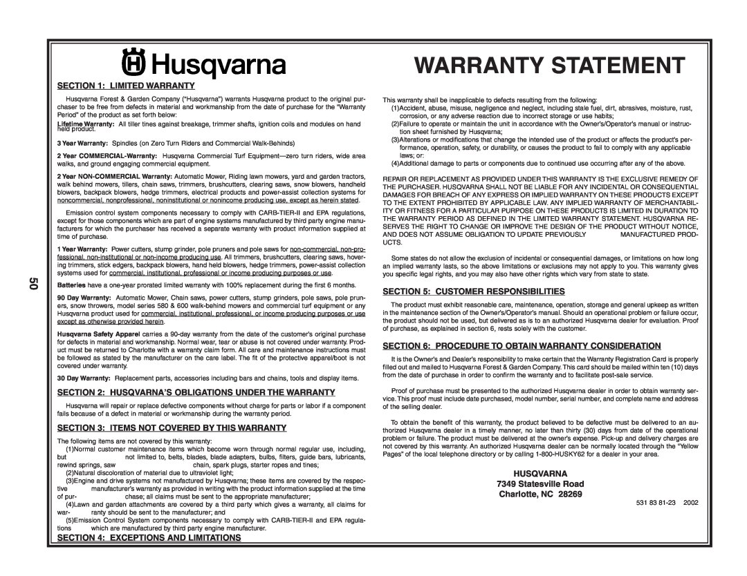 Husqvarna CTH2542 XP owner manual Warranty Statement, Limited Warranty, Husqvarna’S Obligations Under The Warranty 
