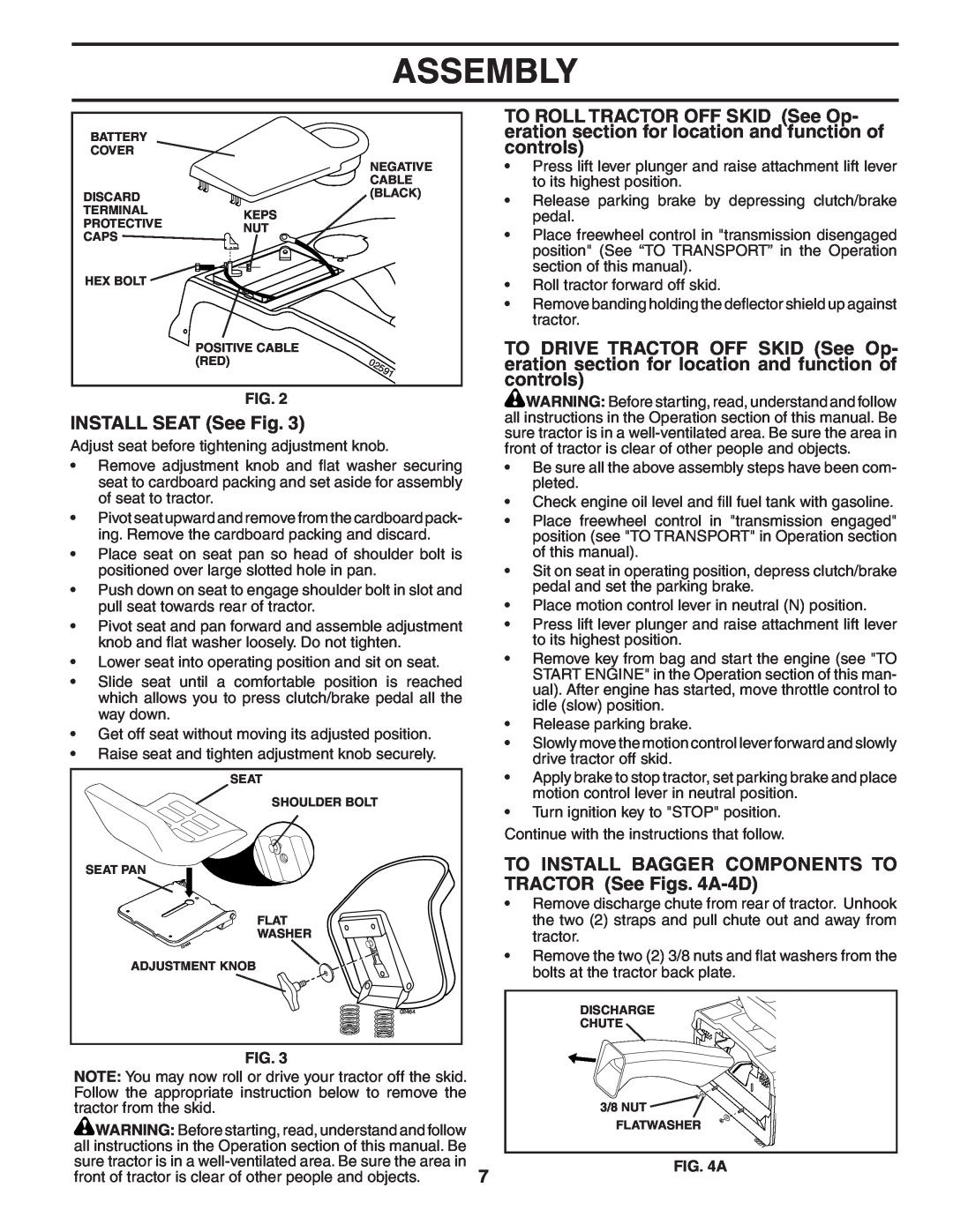 Husqvarna CTH2542 XP owner manual INSTALL SEAT See Fig, To Install Bagger Components To, TRACTOR See Figs. 4A-4D, Assembly 