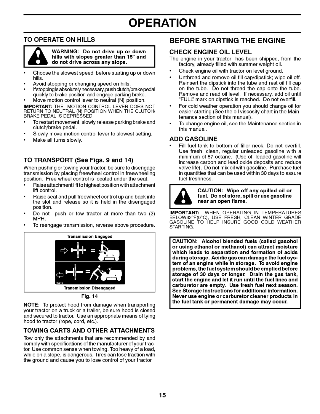 Husqvarna CTH2542T manual Before Starting the Engine, To Operate on Hills, To Transport See Figs, Check Engine OIL Level 