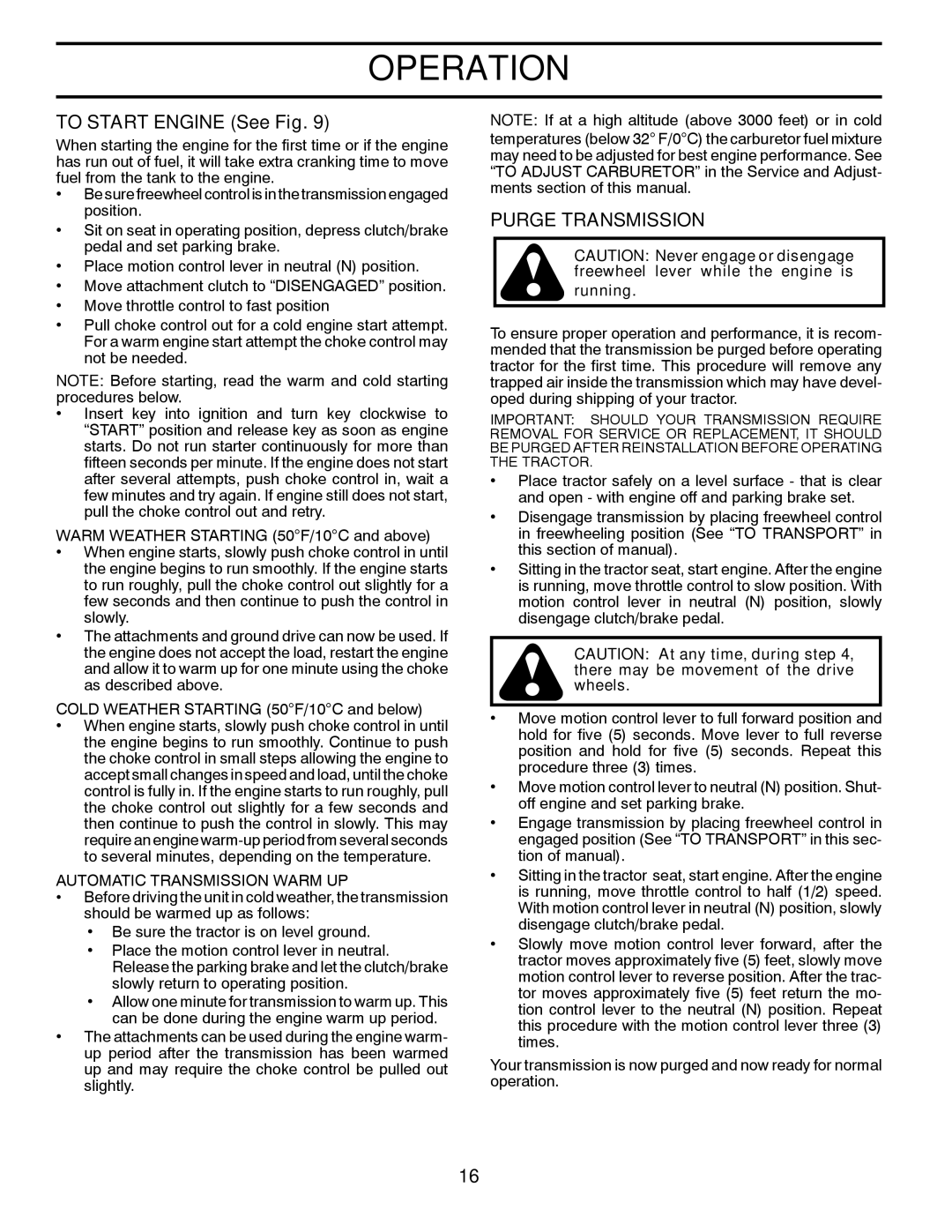 Husqvarna CTH2542T manual To Start Engine See Fig, Purge Transmission, Automatic Transmission Warm UP 