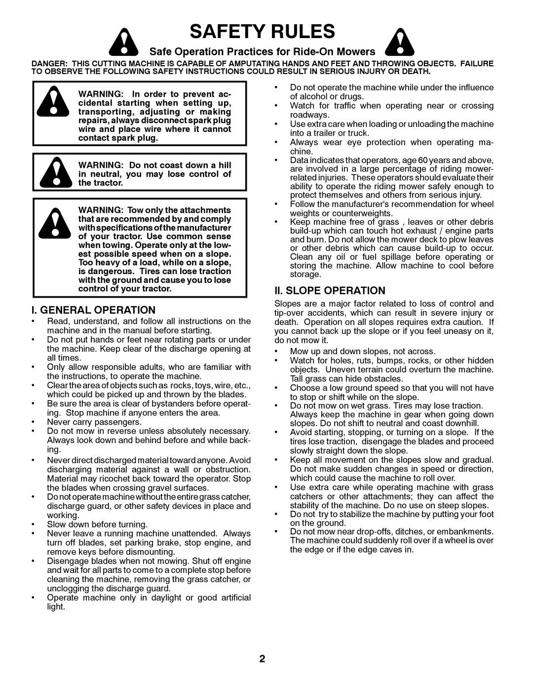 Husqvarna CTH2542T manual Safety Rules, Safe Operation Practices for Ride-On Mowers, General Operation, II. Slope Operation 