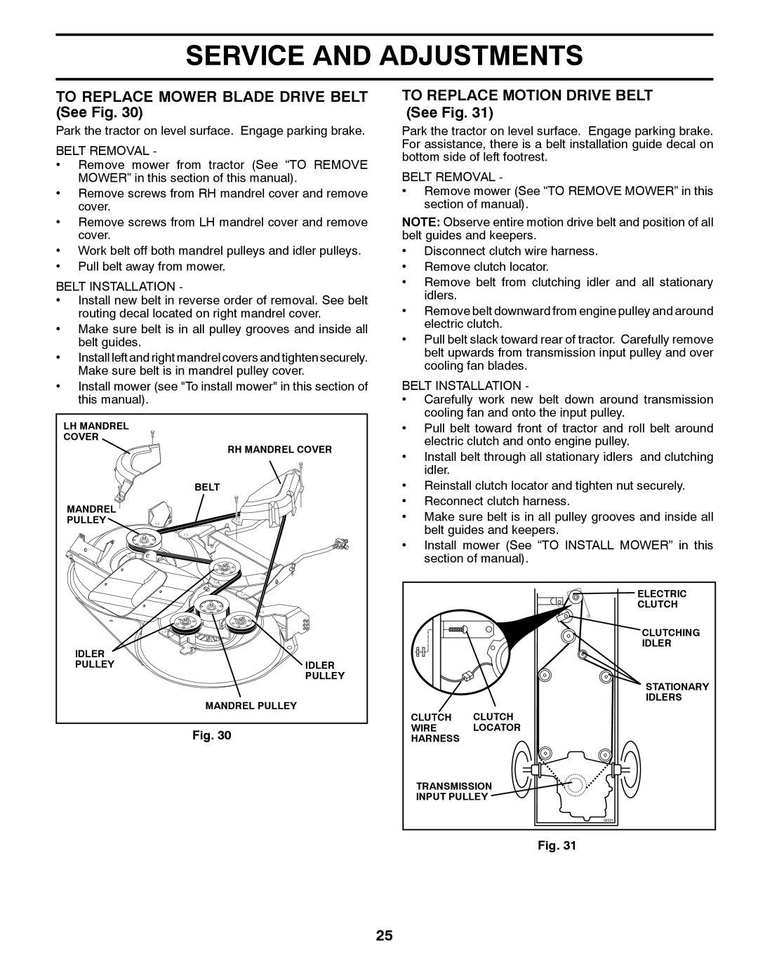 Husqvarna CTH2542T manual To Replace Mower Blade Drive Belt See Fig, To Replace Motion Drive Belt See Fig, Belt Removal 