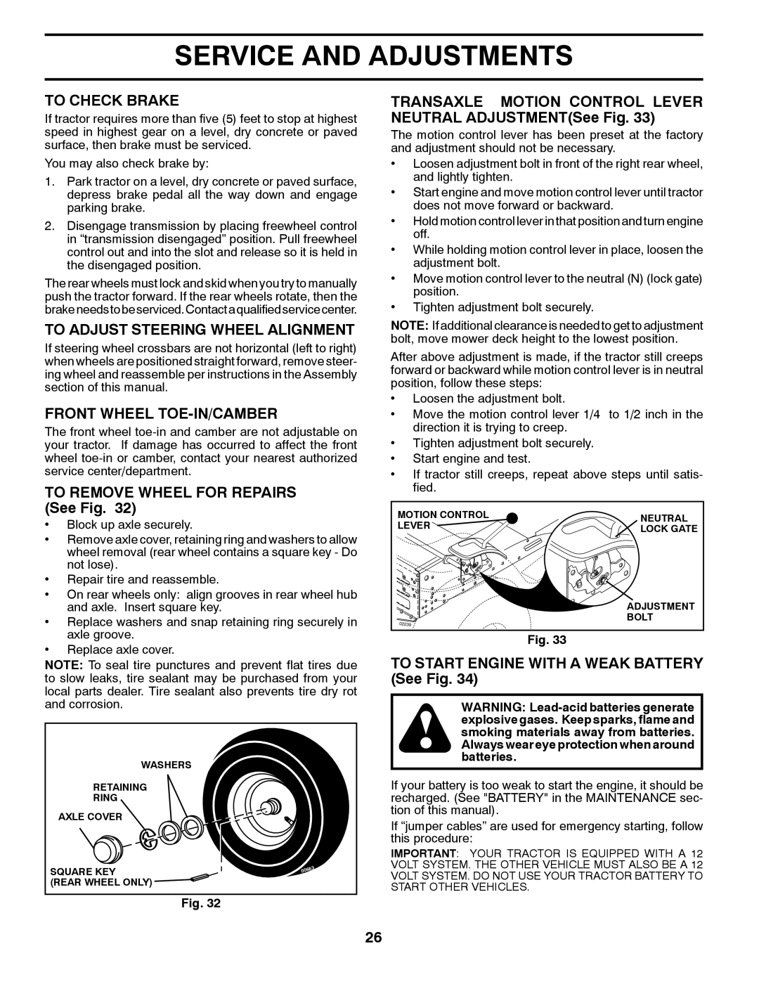 Husqvarna CTH2542T manual To Check Brake, To Adjust Steering Wheel Alignment, Front Wheel TOE-IN/CAMBER 